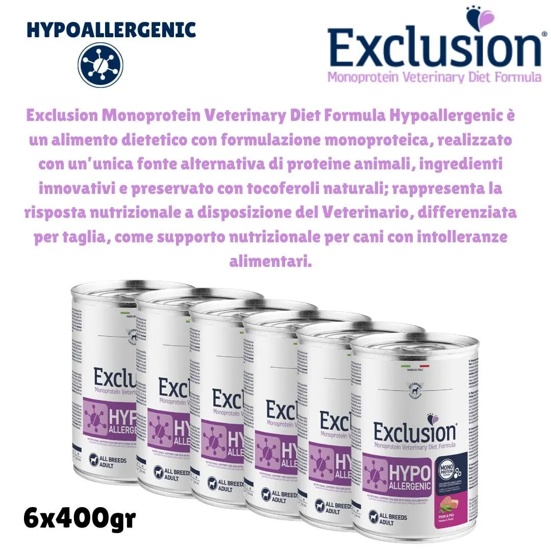 Exclusion Hypoallergenic Maiale e Piselli per Cani Adulti - 6 Scatolette da 400g