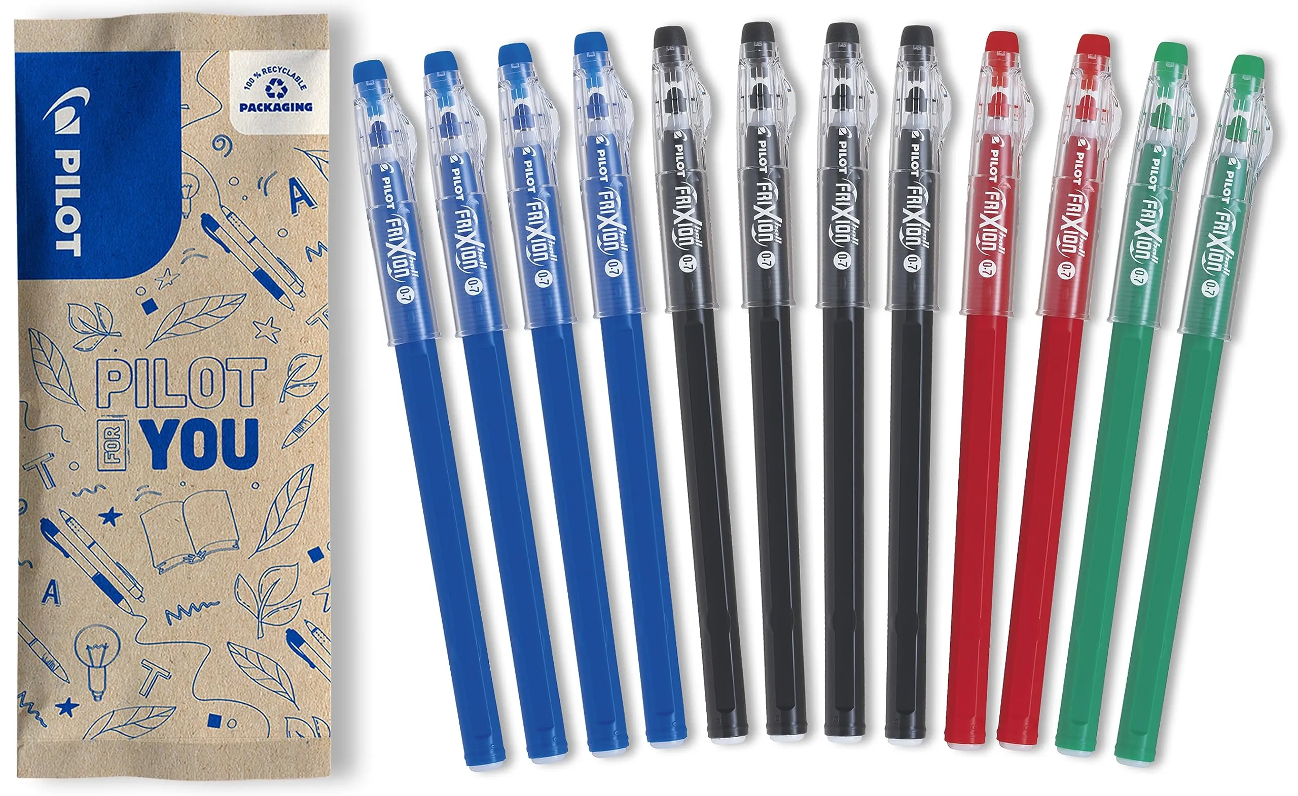 Pilot - Set di 12 Penne FriXion Ball Stick - Penna a Inchiostro Termosensibile Cancellabile - La FriXion economica - 4 Blu, 4 Nere, 2 Rosse, 2 Verdi - Punta Media