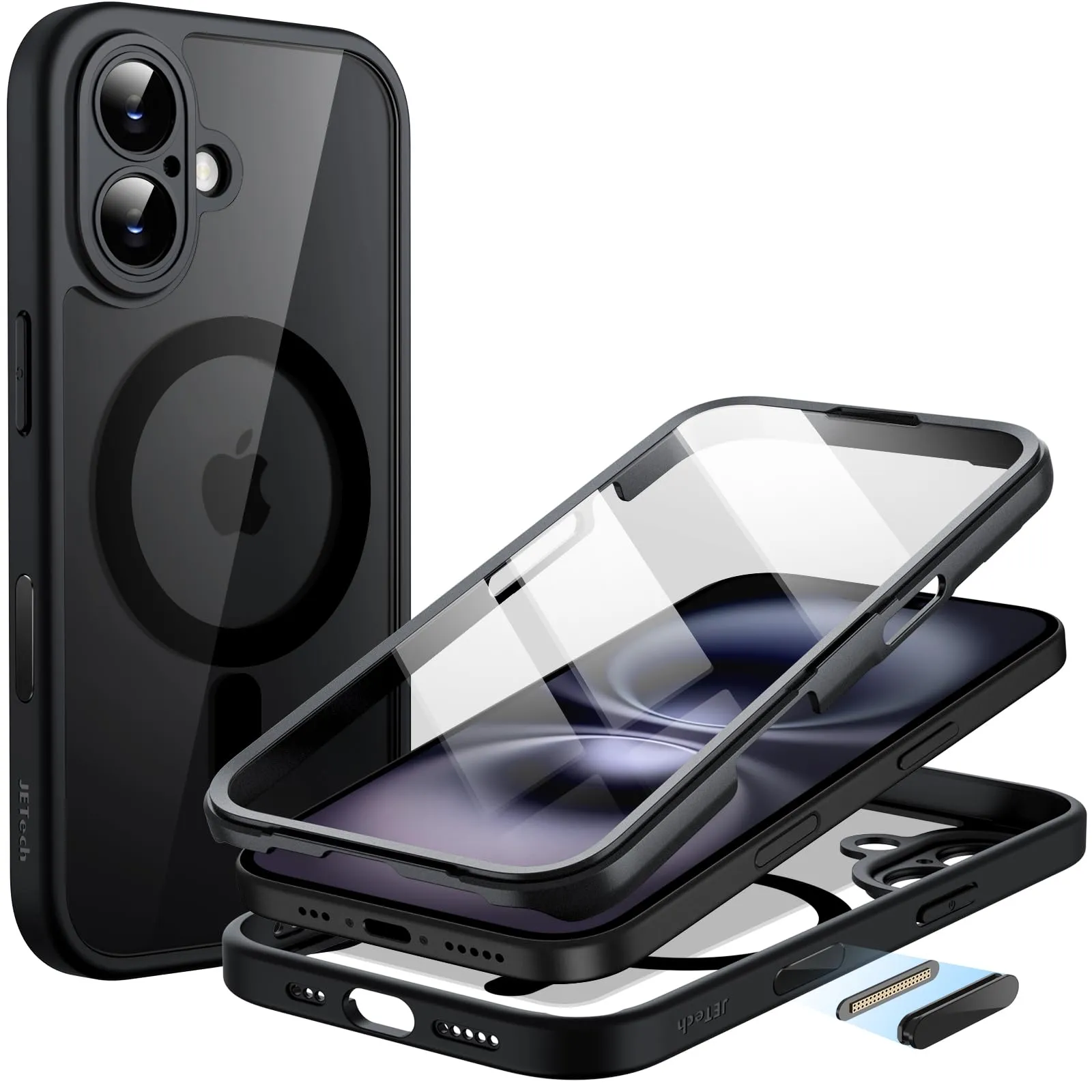 JETech Cover per iPhone 16 6,1 Pollici con Vetro Temperato e Pulsante Camera Control, MagSafe Compatibile, Nero