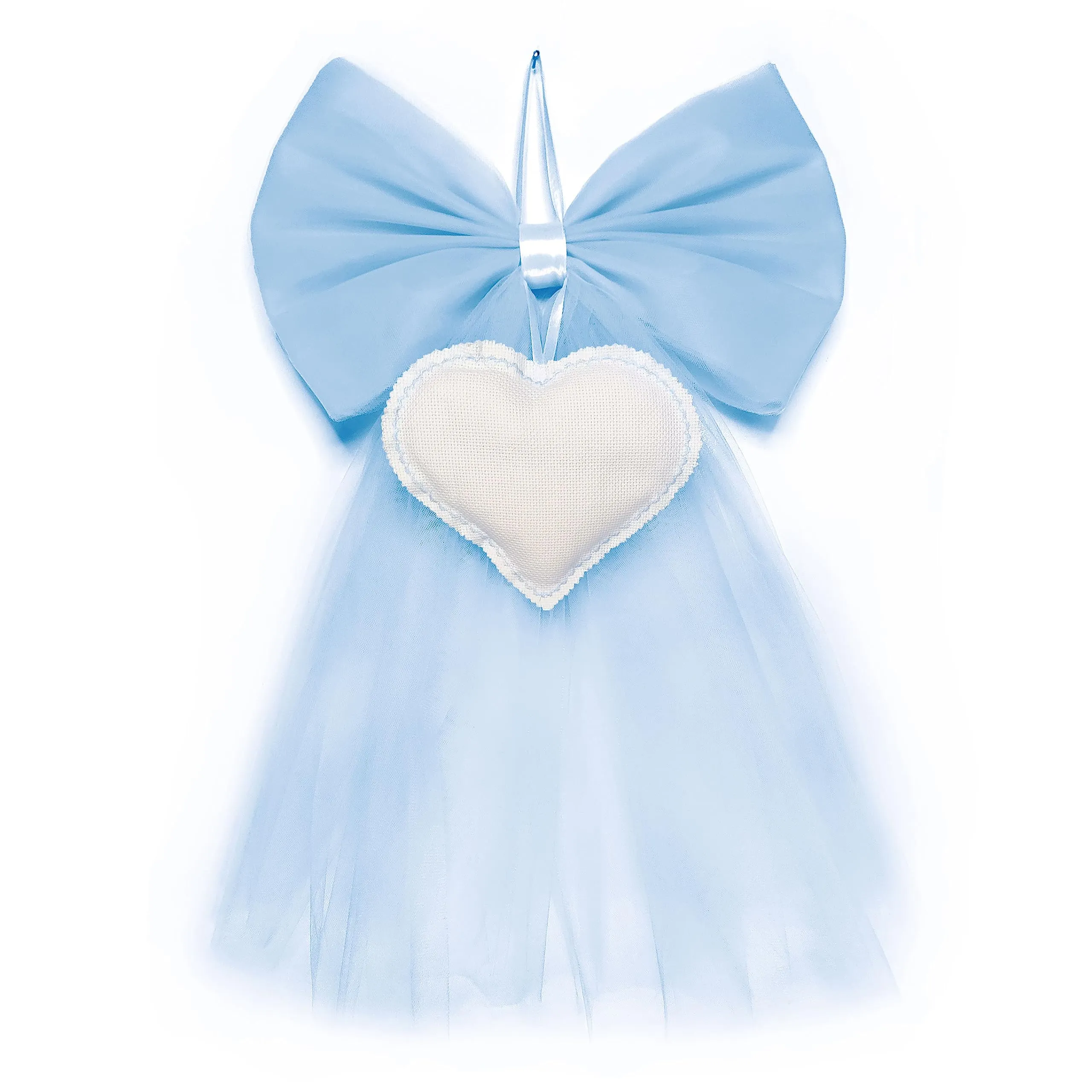 Fiocco nascita ricamabile in tulle azzurro con cuore