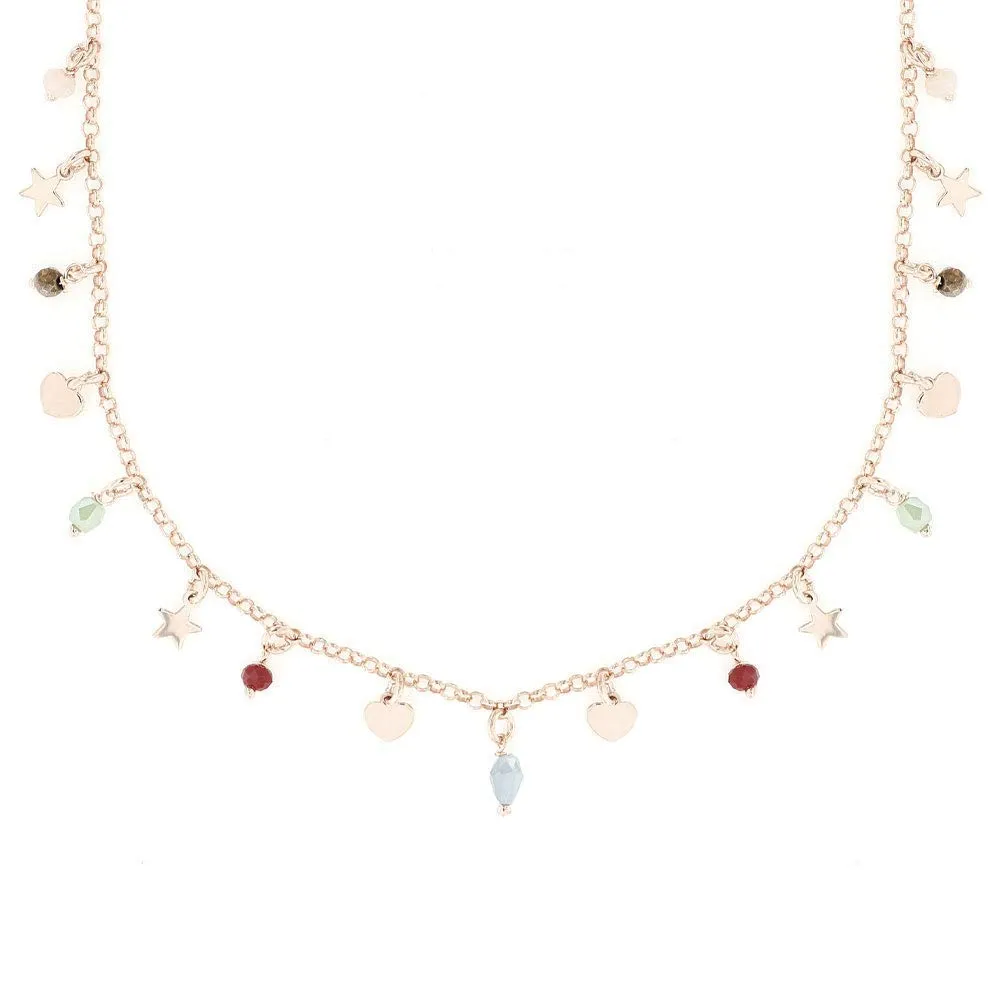 Collana Girocollo Donna Argento 925 Placcato Rosa Perline Colorate Cuori Stelle Made in Italy