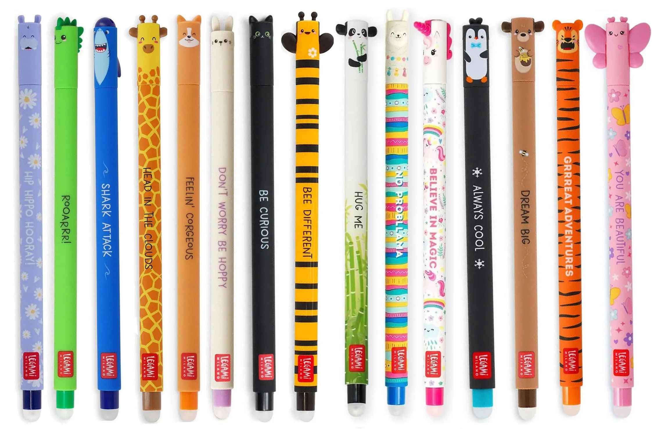 LEGAMI - Set di 15 penne gel cancellabili, con inchiostro gel cancellabile, non rovinano i fogli, punta da 0,7 mm, colori assortiti e motivi a forma di animali