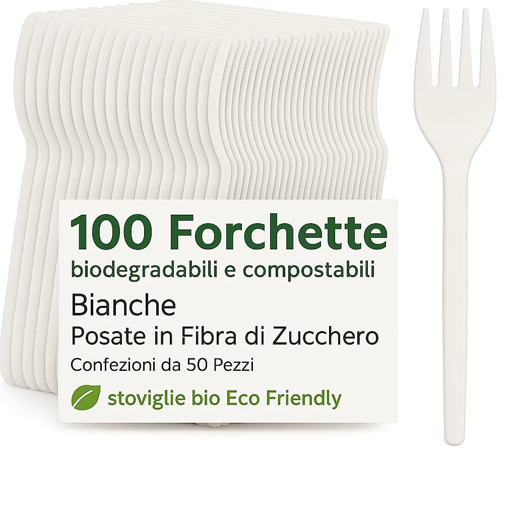 100 Forchette Biodegradabili e Compostabili in Fibra di Zucchero