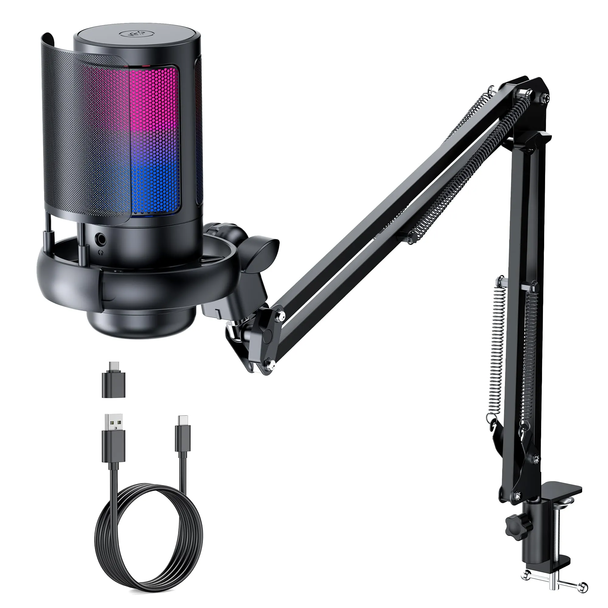 QIUOIO Microfono PC USB: Microfono Gaming con Asta Regolabile - Microfono Podcast Condensatore - Microfono Streaming para Mac PS4 PS5 - Microphone con Pulsante Di Silenziamento Filtro Anti-Pop