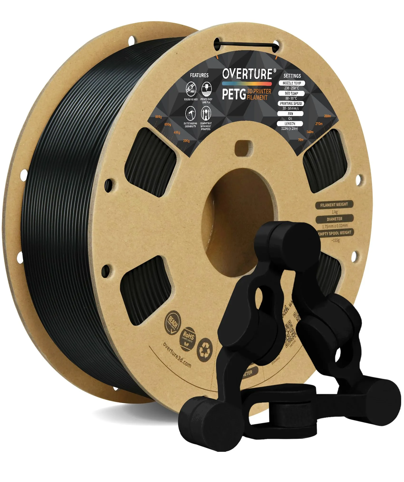 Filamento PETG Overture 1.75mm, 1kg Bobina (2.2lbs), Nero