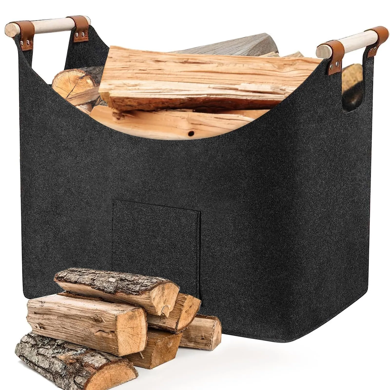 Cesto Portalegna in Feltro XL con Manici in Legno Removibili