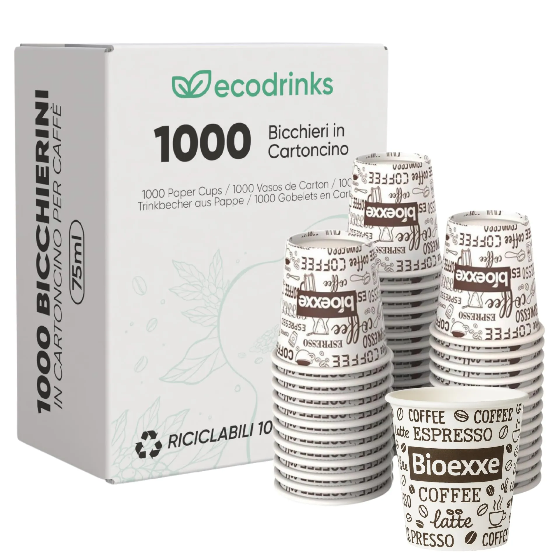 Ecodrinks - 1000 Bicchieri Caffè Carta Da 75ml - Set Bicchierini Monouso Biodegradabili