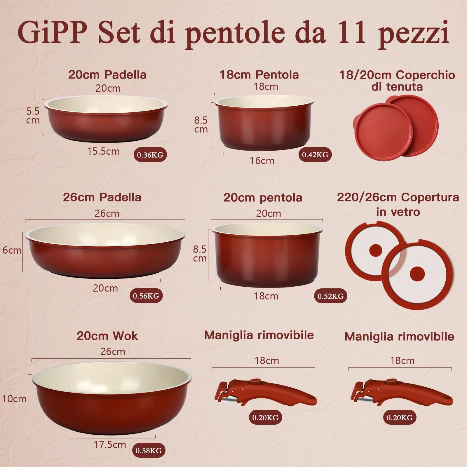 GiPP Set di Pentole e Padelle Antiaderenti con Manici Staccabili - 11 Pezzi Rosso Sfumato