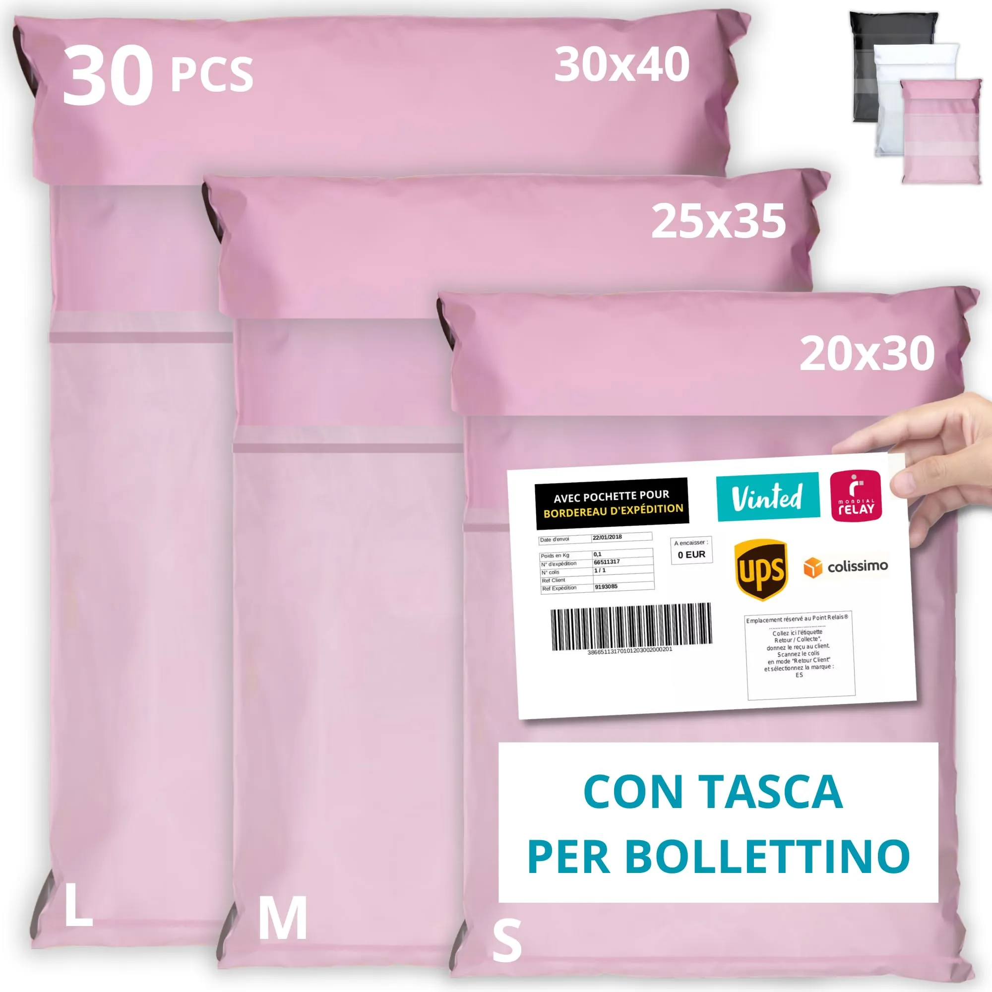EMBALLAX - 30 Buste per Spedizioni Vinted con Tasca per Bollettino - Taglie S/M/L - Non Trasparenti/Ultra-Resistenti