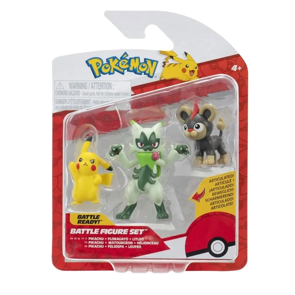 Pokémon Confezione da 3 Figure da Battaglia - Litleo, Pikachu e Floragato