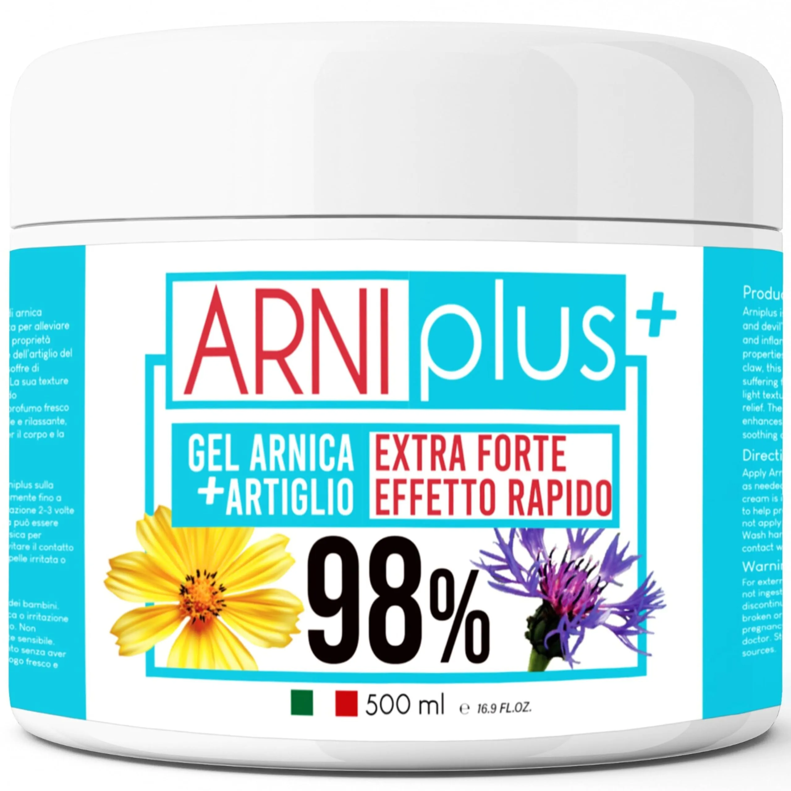 Arniplus+ Arnica per cavalli uso umano, Gel extra forte 98%, assorbimento rapido, non unge, Arnica montana + Artiglio del diavolo, 500ML, made in italy