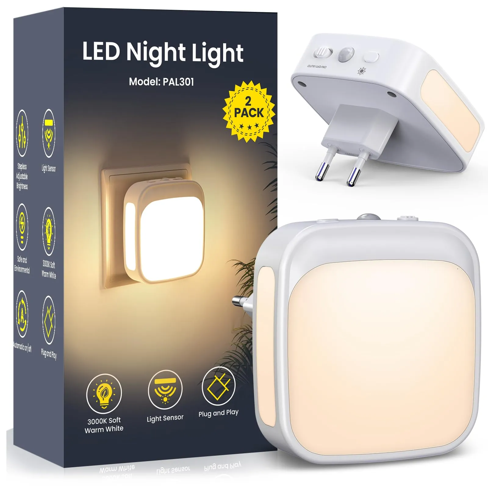 Luce Notturna Bambini PALATALA, 2 Pezzi, Sensore Crepuscolare e Luminosità Regolabile