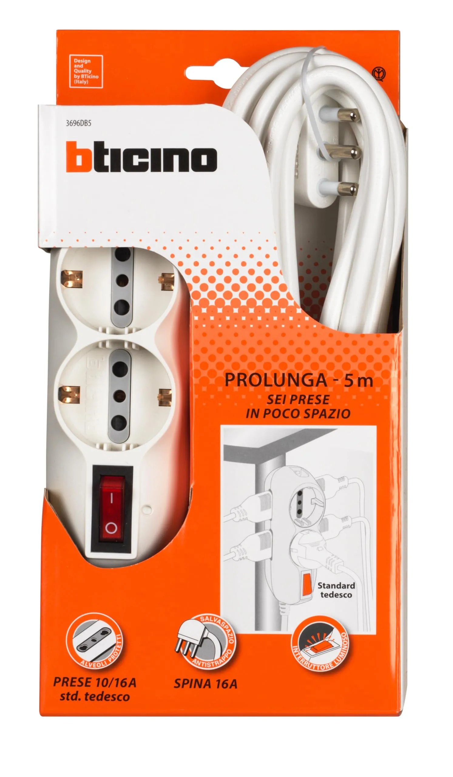 BTICINO Ciabatta Multipresa Slot 3696DB5 - 6 Posti, Cavo 5m