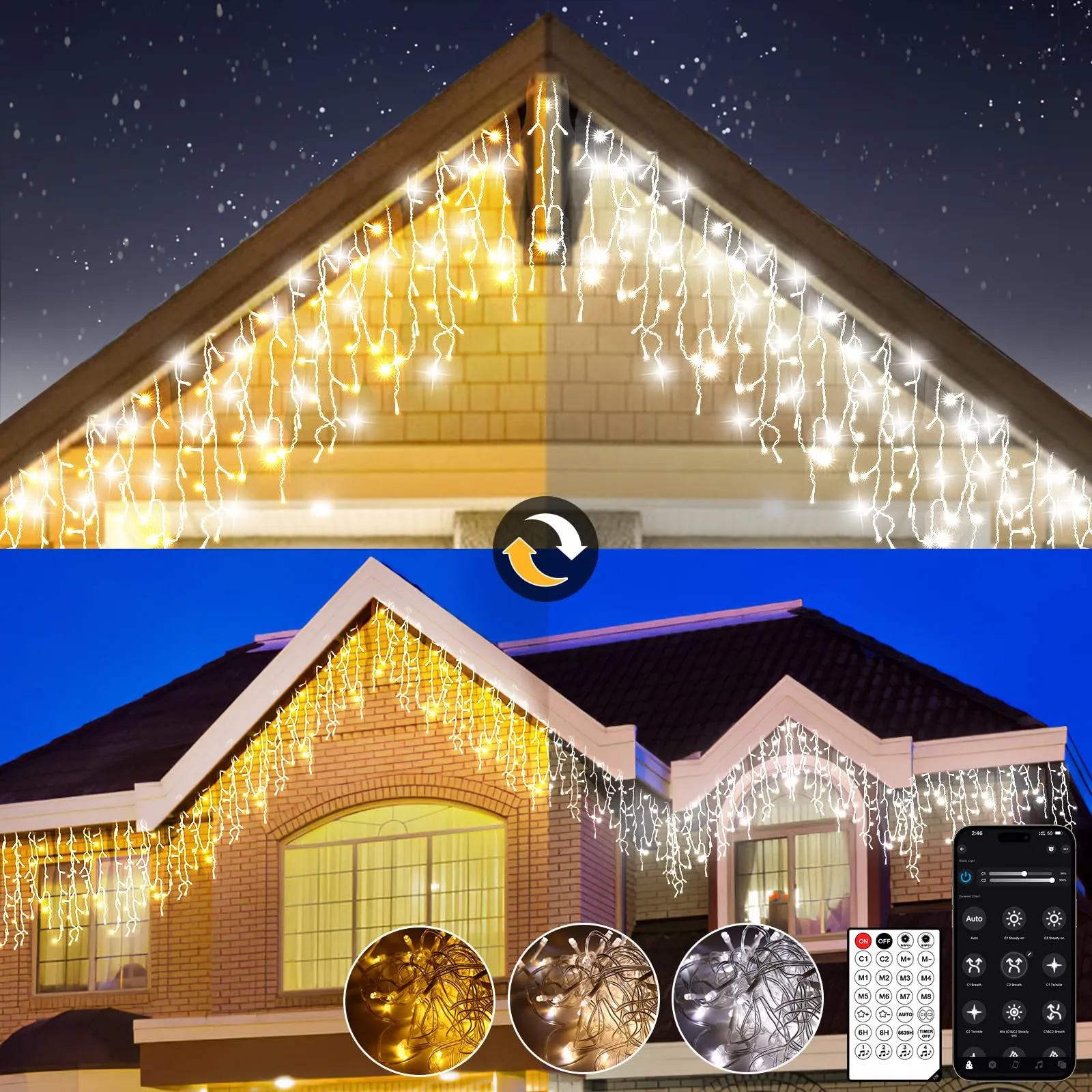 Luci di Natale a Cascata da Esterno, Bianco Caldo e Freddo, 30M 1200 LED