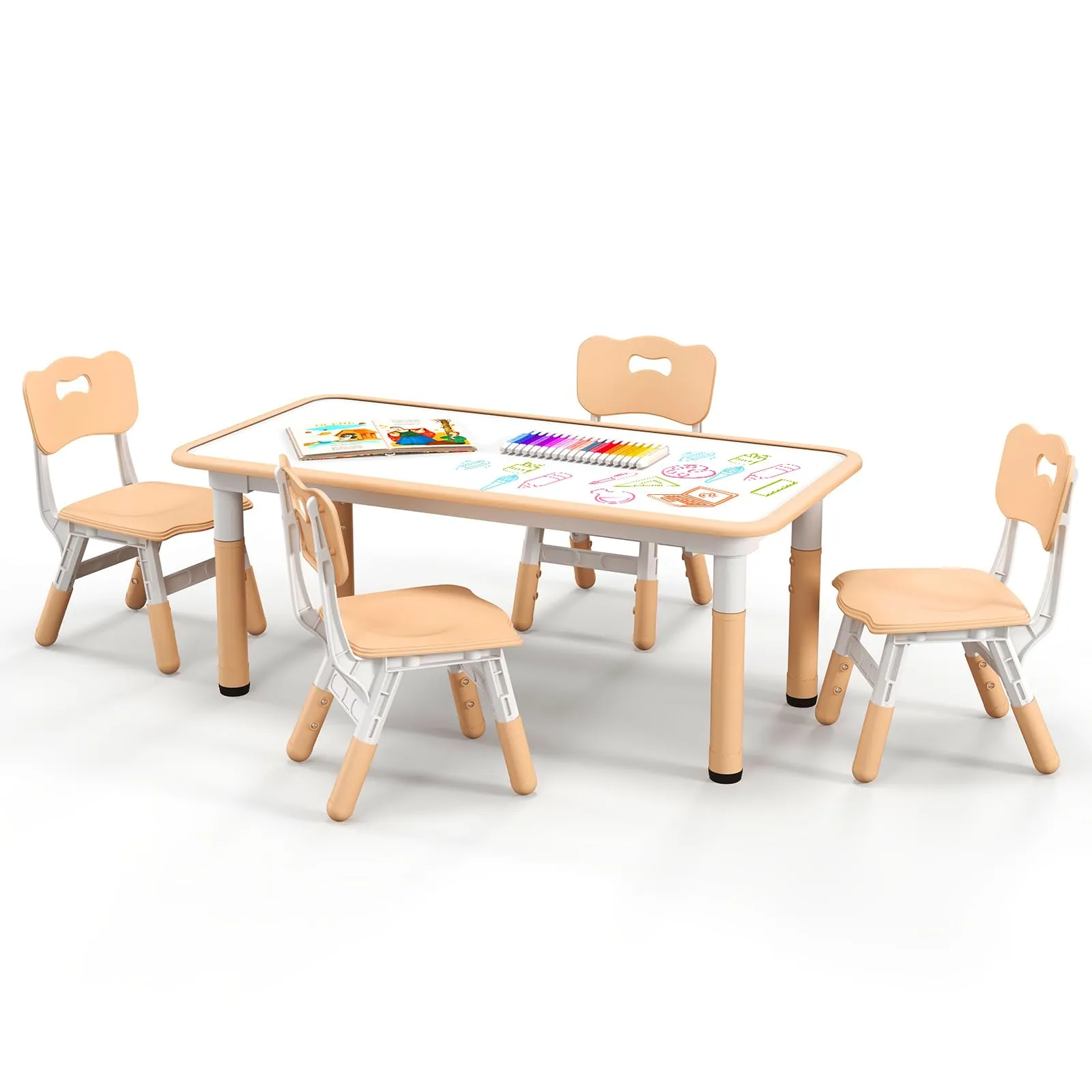 COSTWAY Set Tavolo e 4 Sedie per Bambini Regolabile con Piano Graffiti Naturale