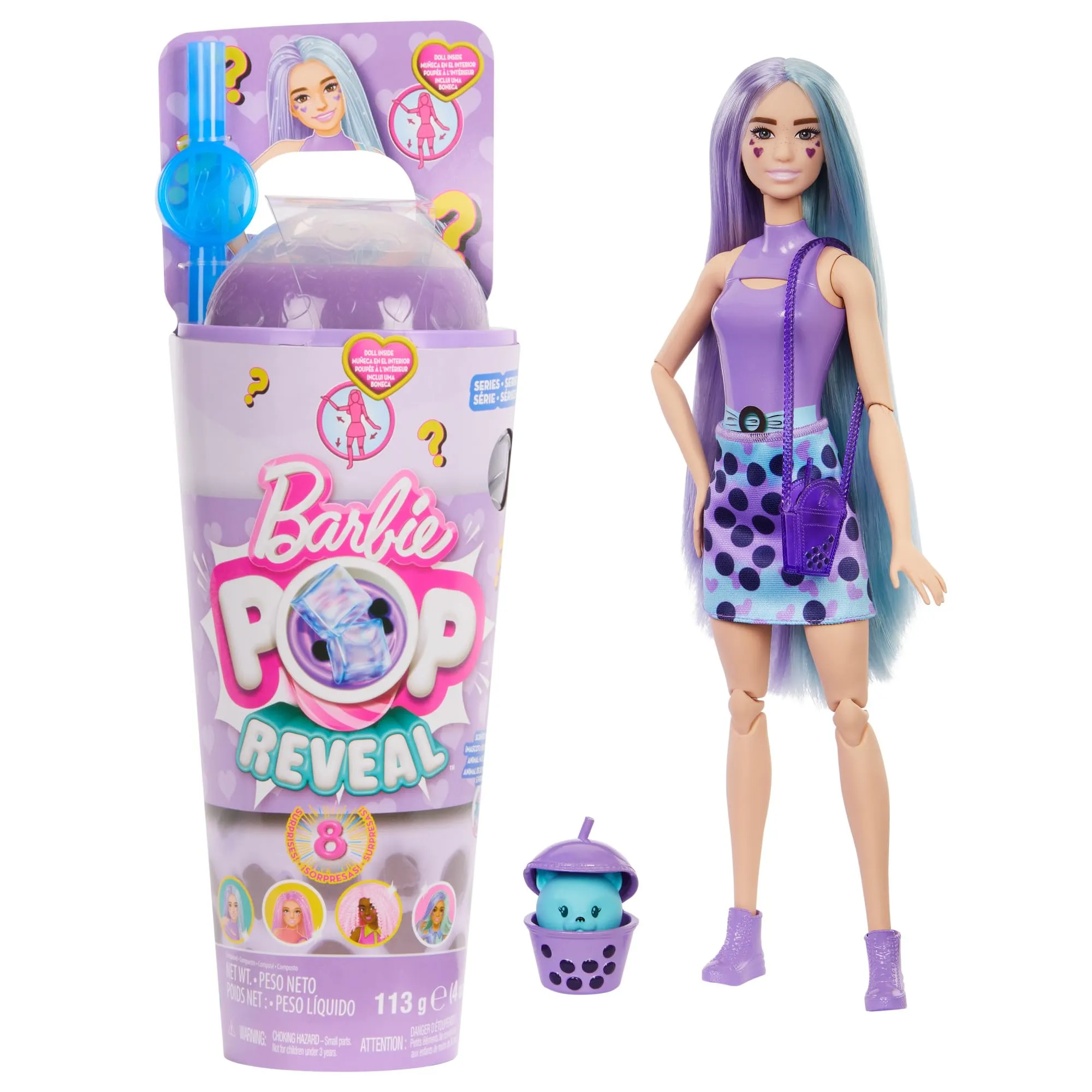 Barbie - Pop Reveal Serie Bubble Tea, bambola alla moda Taro Milk profumata con cucciolo e 8 accessori a sorpresa con effetto cambia colore, giocattolo per bambini, 3+ anni, HTJ19