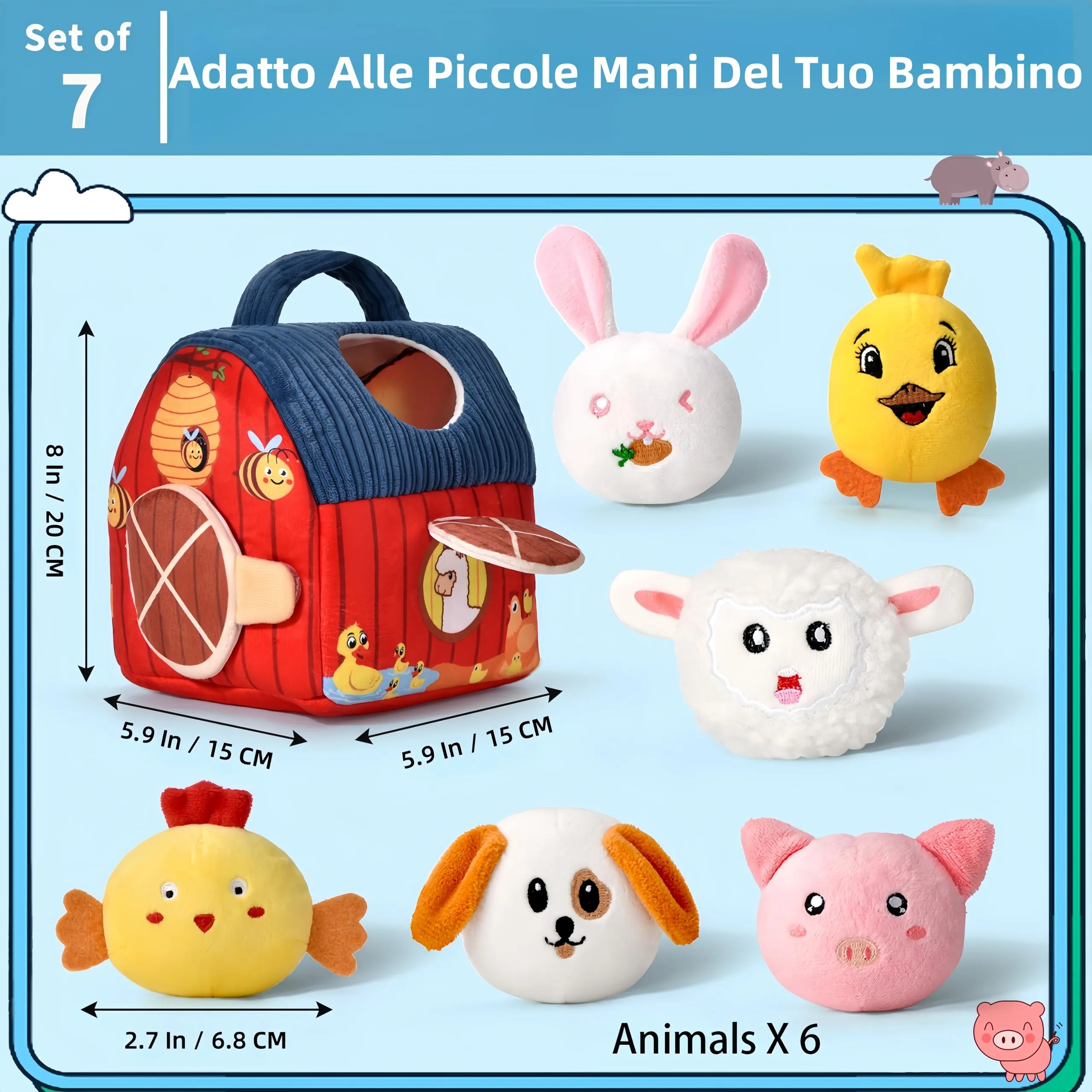 LEADSTAR Giochi Montessori per Bambini 1 2 Anni,Casa Morbida Animali da Fattoria con Fienile/Sonaglio/Specchio,Giocattoli Sensoriali Educativo Giochi da Viaggio Regalo Bimbo Bimba