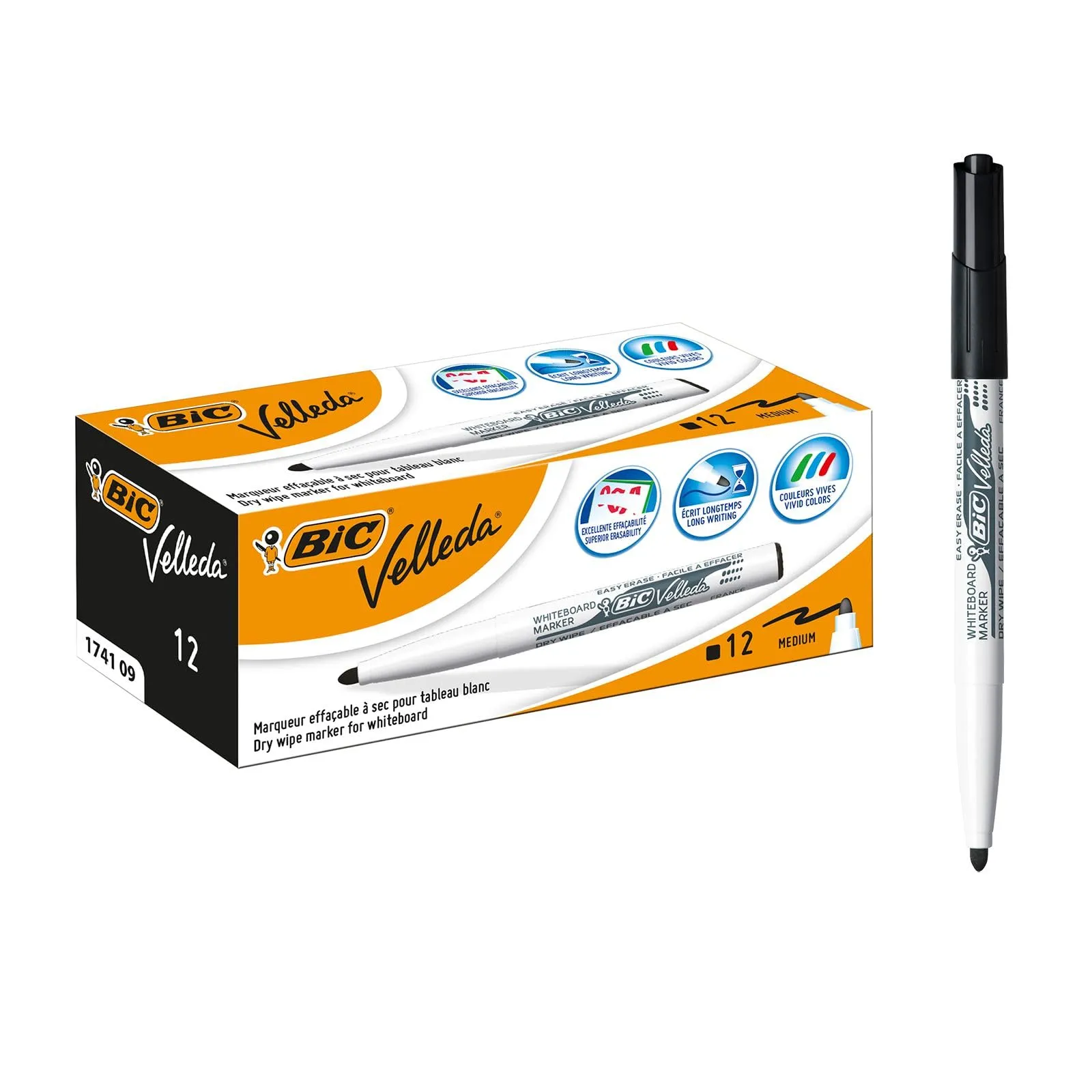 BIC Velleda 1741 Pennarelli per Lavagna Bianca, Punta Media, Nero, Confezione da 12