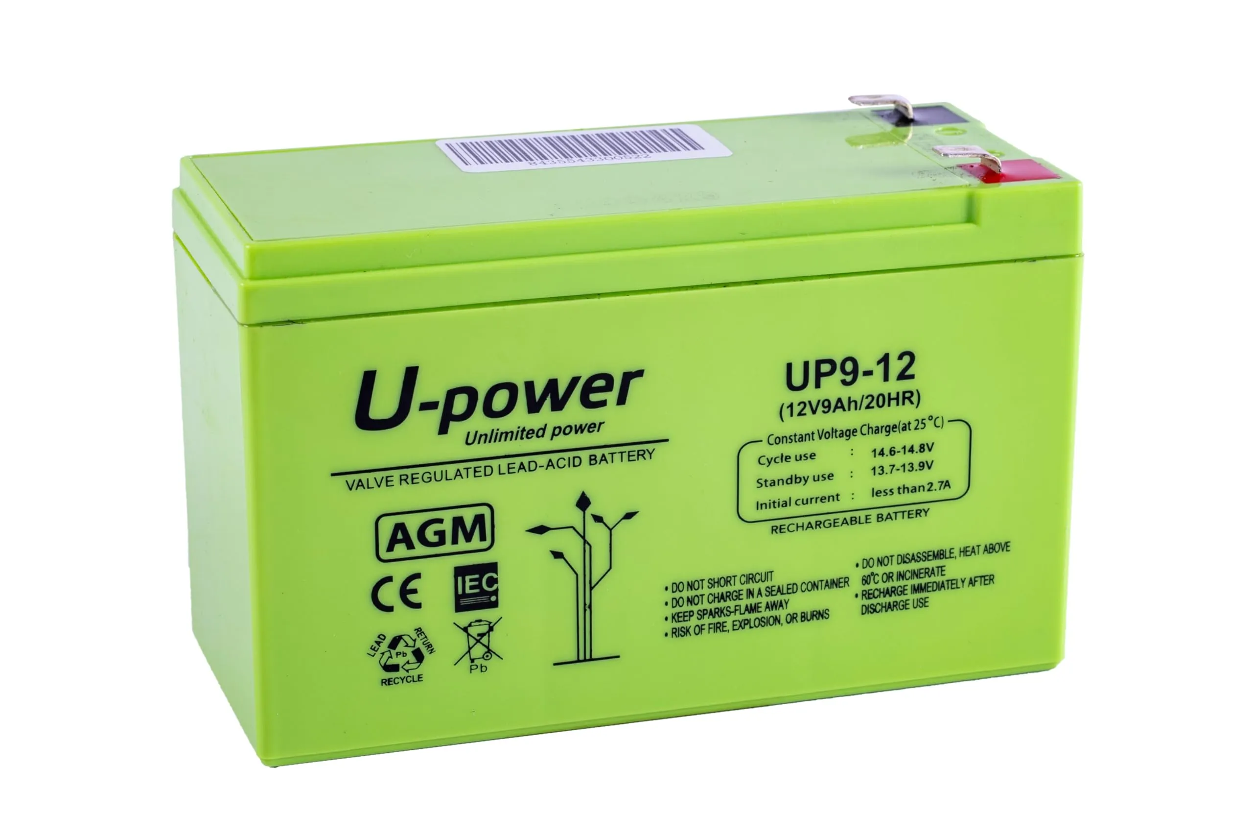 Batteria Piombo AGM U-Power 9Ah 12V Faston F2 6.3mm Sigillata