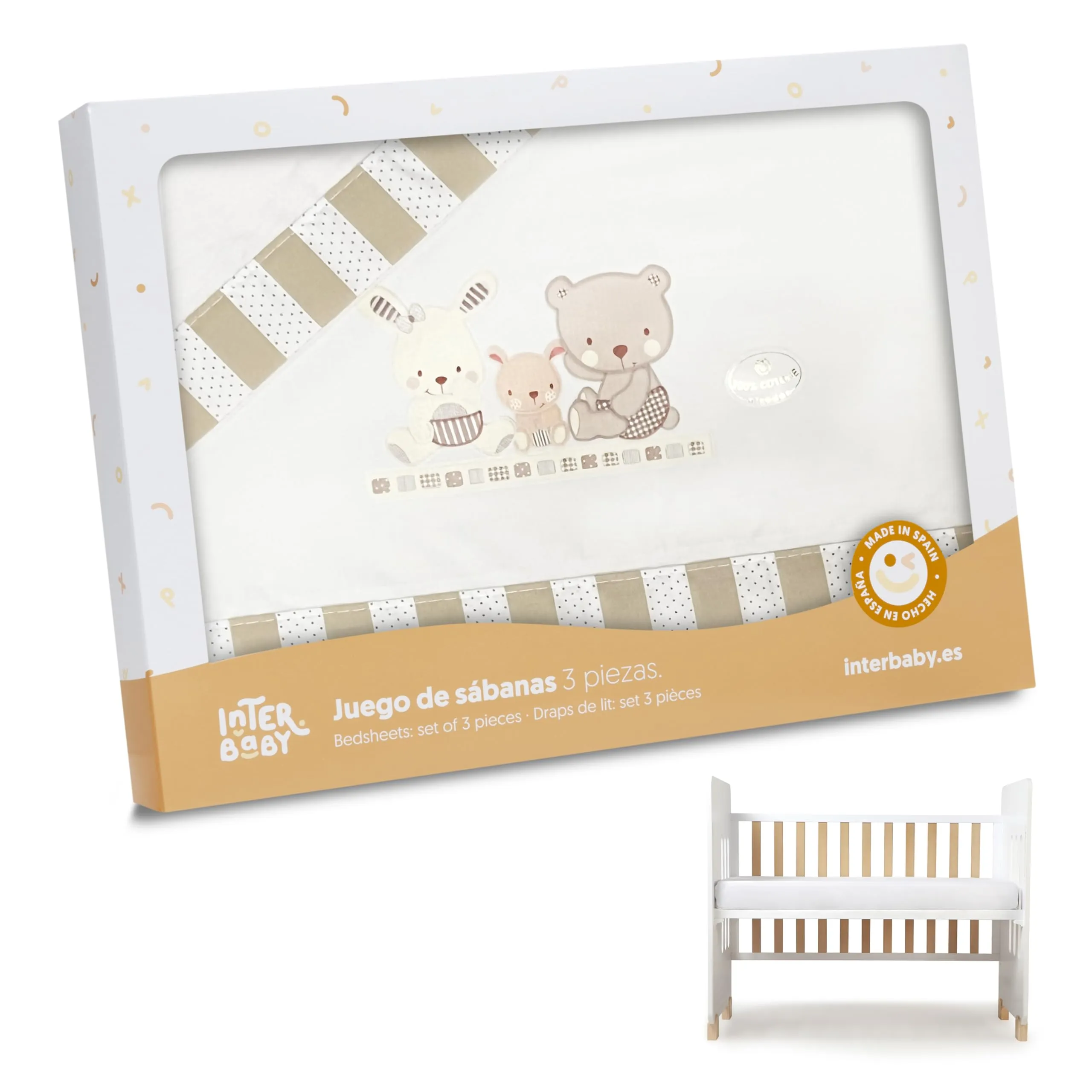 Interbaby Set di 3 Lenzuola in Cotone per Culla - Modello Love in Beige