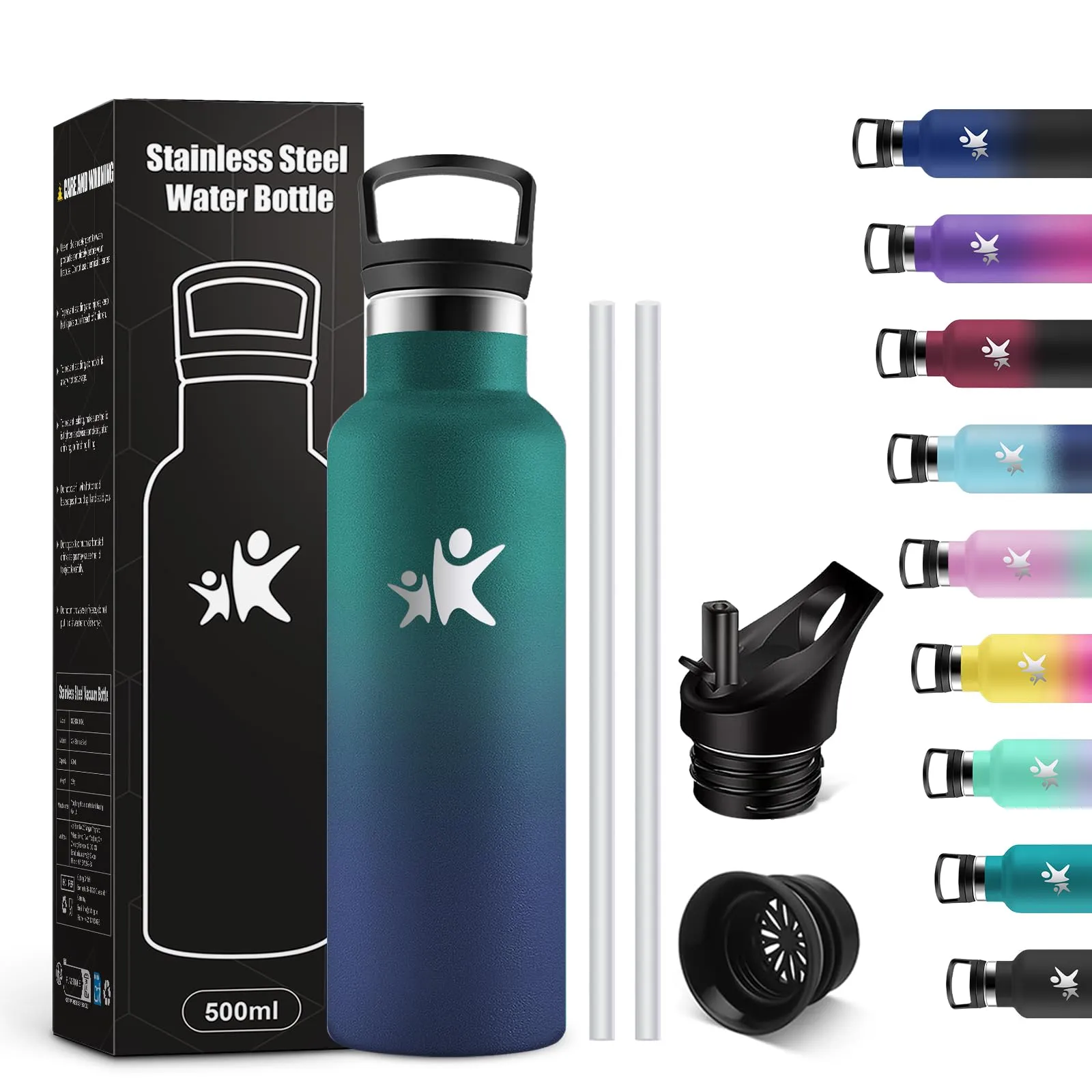 KollyKolla Borraccia Termica Bambini 500ml con Cannuccia - Acciaio Inox, Senza BPA