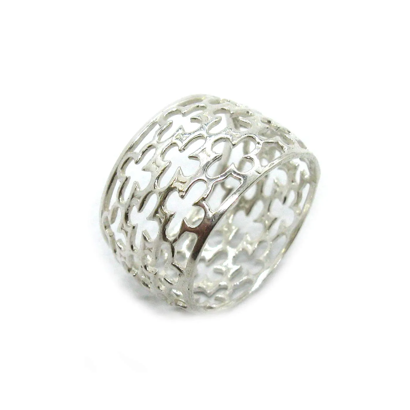 Anello in Argento Sterling 925 con Fascia a Fiore Largo 14mm