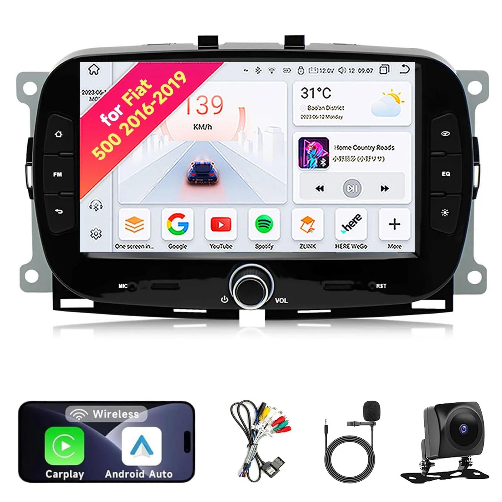 Autoradio Stereo Android 13 per Fiat 500 (2016-2019) con CarPlay e Android Auto