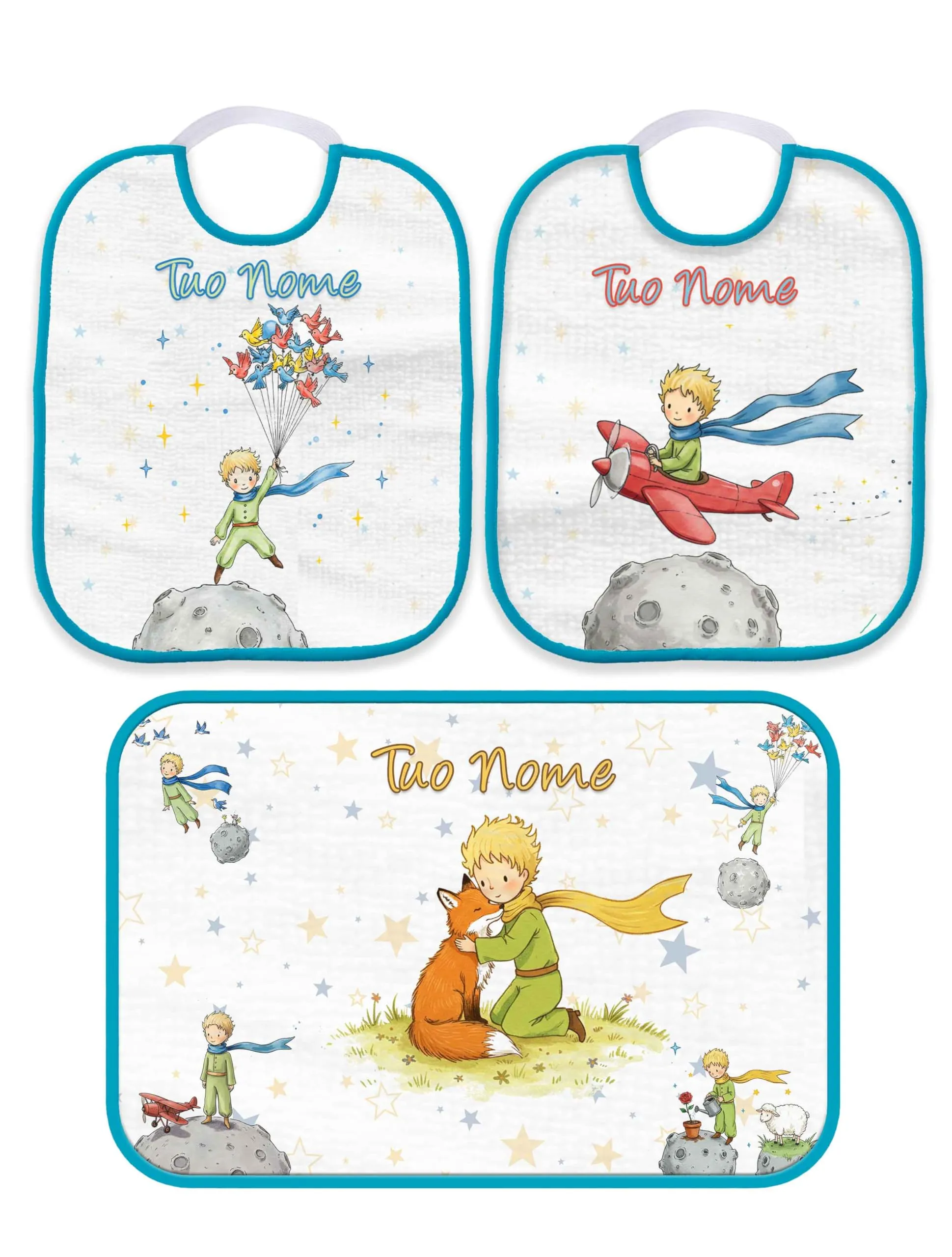 Set Bavaglino Asilo Personalizzato con Nome - Azzurro (2 Bavaglini + Asciugamano)