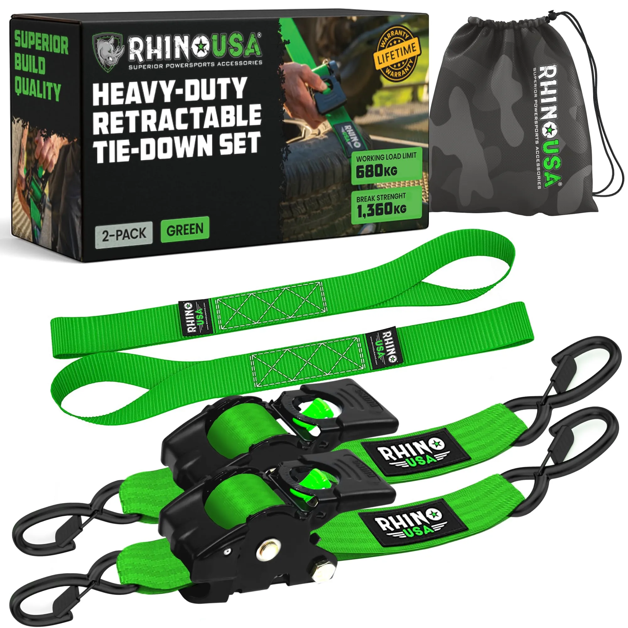 Cinghie di Ancoraggio Retrattili a Cricchetto Rhino USA - Verde