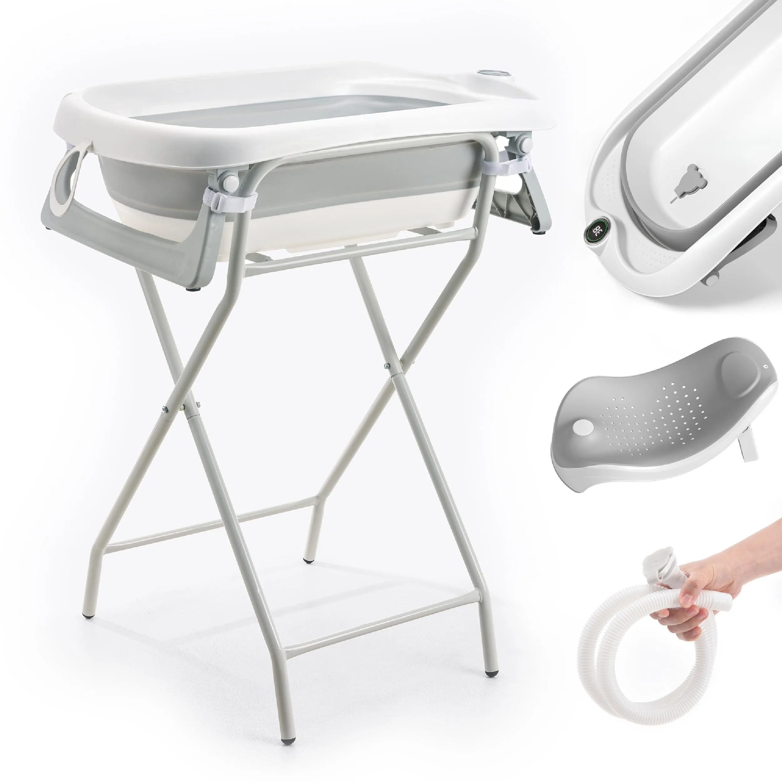 Vasca da bagno pieghevole per bambini XXL con supporto, termometro 2.0, sedile e kit di drenaggio
