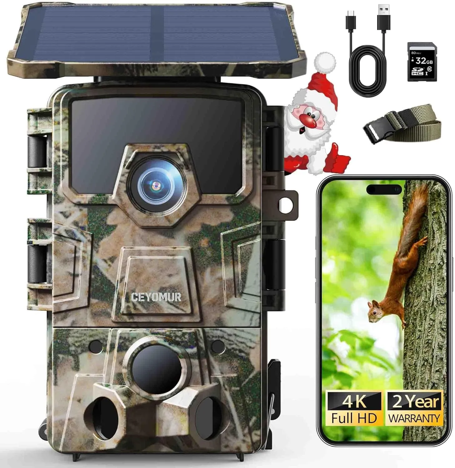 CEYOMUR Fototrappola Solare 4K UHD WiFi 6 con Batteria Ricaricabile e Scheda SD da 32GB