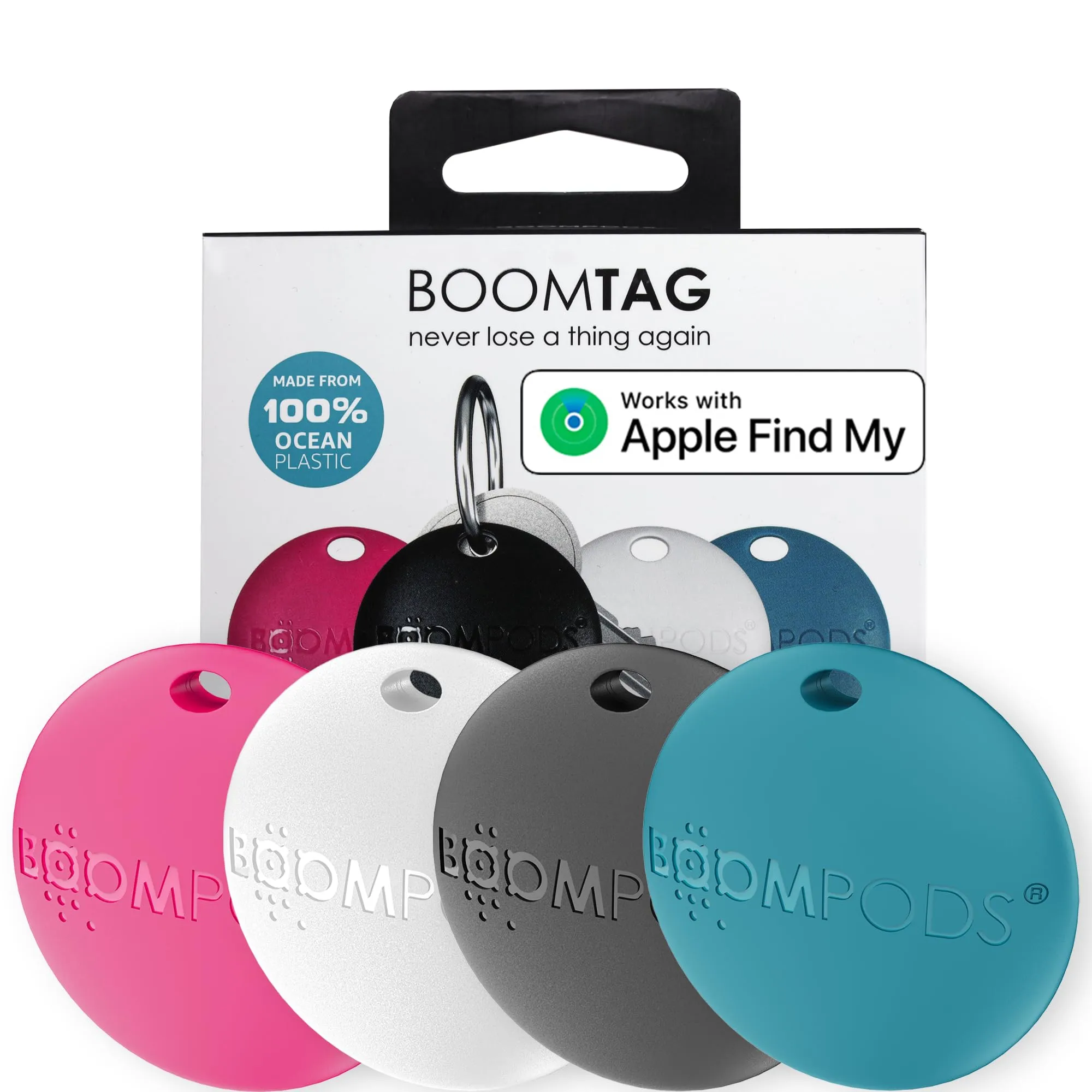 Boompods Boomtag Tracker Tag, Confezione da 4 - Localizzatore Bluetooth per Apple Find My