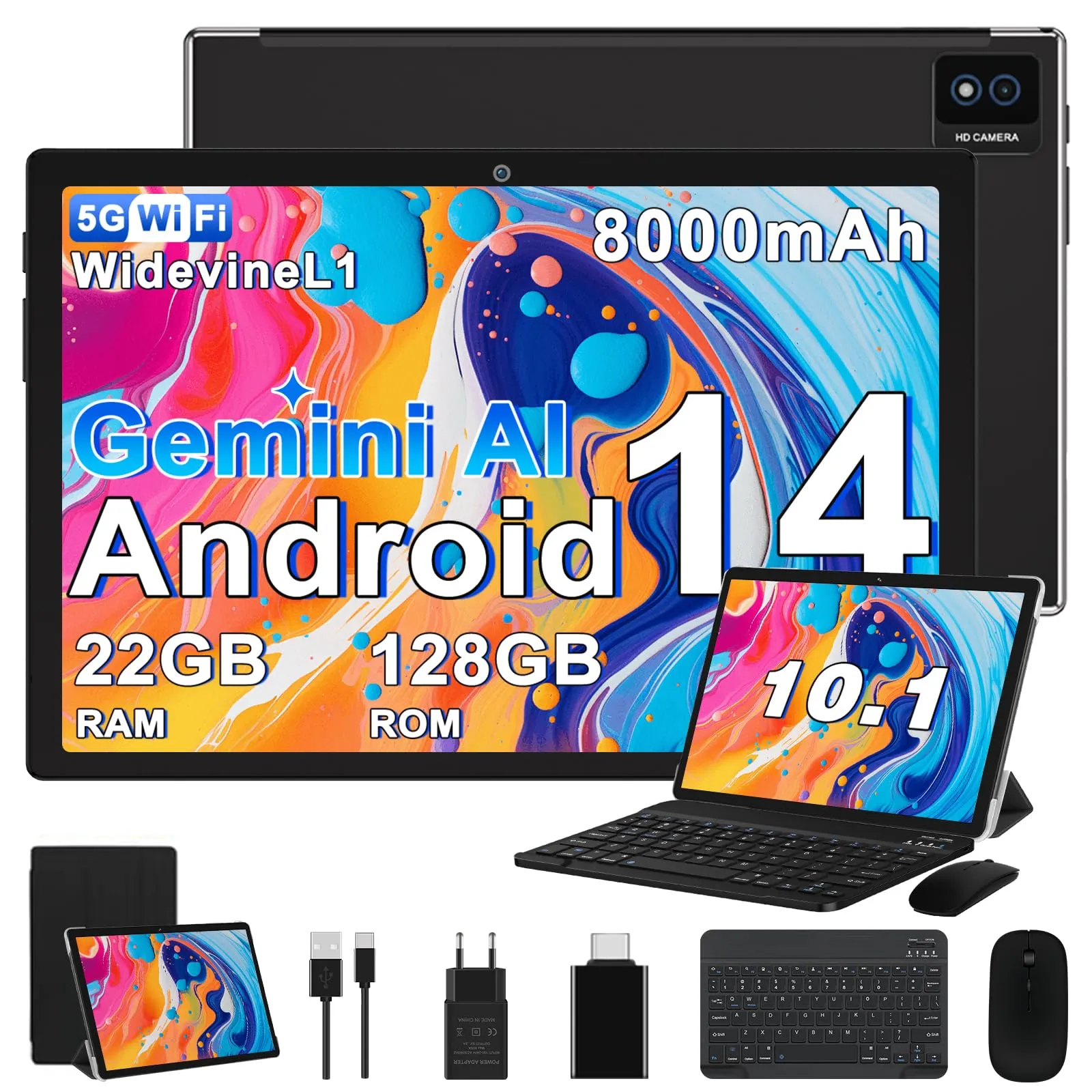 Tablet Android 14 Biegedy 10 Pollici, 22GB RAM, 128GB ROM, WiFi 6, Widevine L1, Tastiera e Mouse Inclusi - Nero