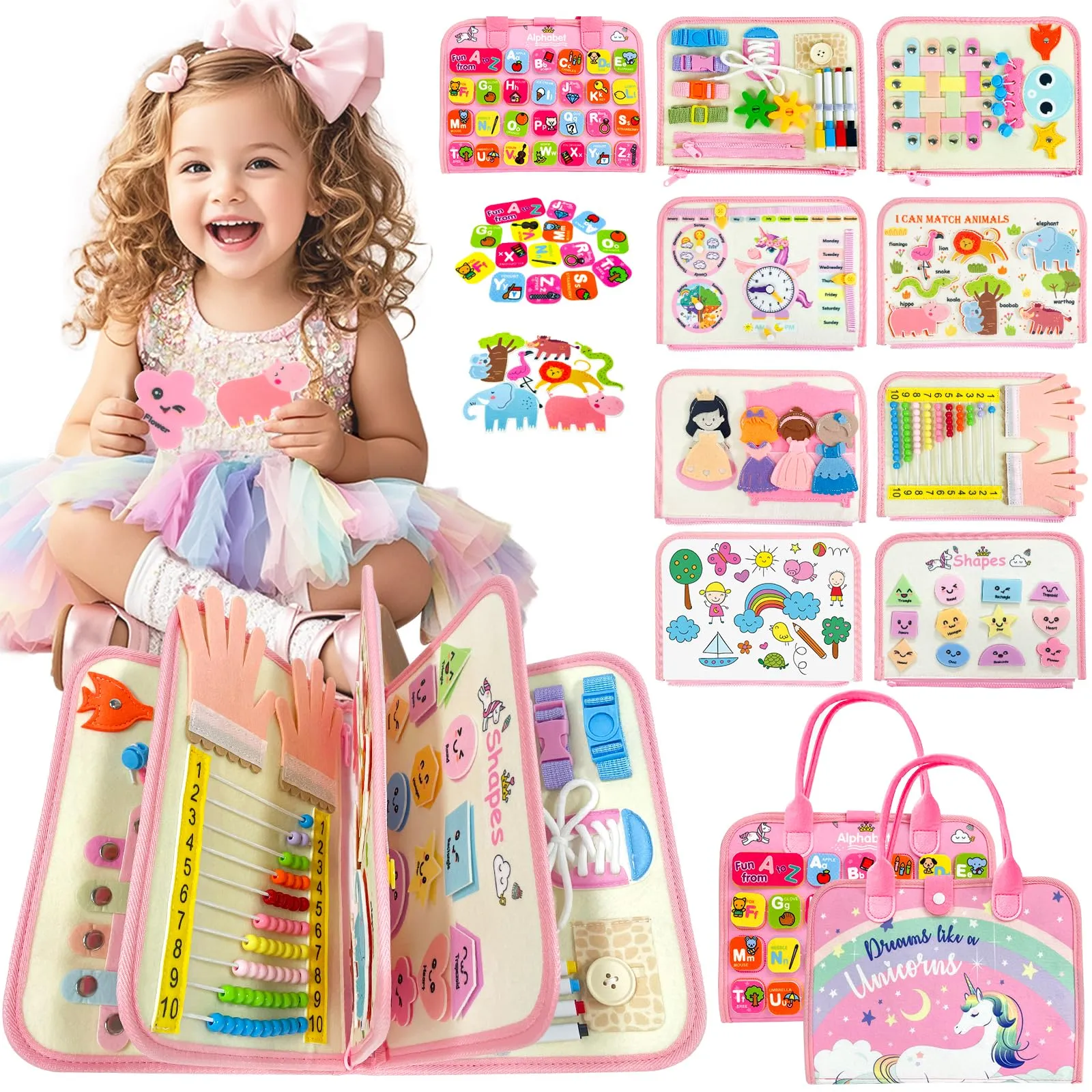Sumtoco Busy Board Unicorno - Libro Montessori Interattivo per Bambini 1-5 Anni