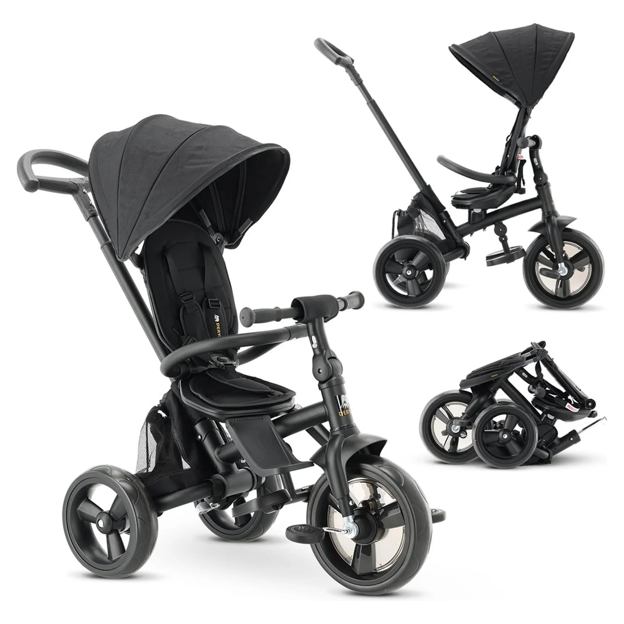 Deryan Explorer Triciclo Nero: Pieghevole, Multifunzionale e Sicuro