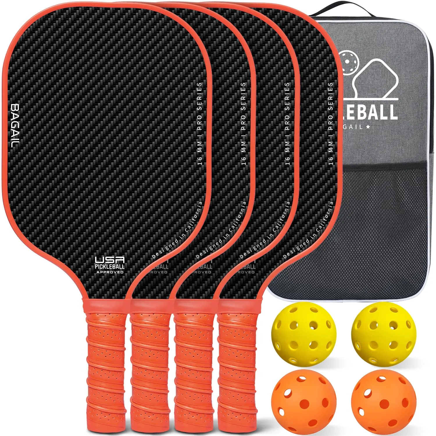 BAGAIL Set di racchette da pickleball, 2/4 racchette con 4 palline, leggere - Elevato assorbimento degli urti - Ergonomiche, adatte per partite indoor e outdoor, Nero