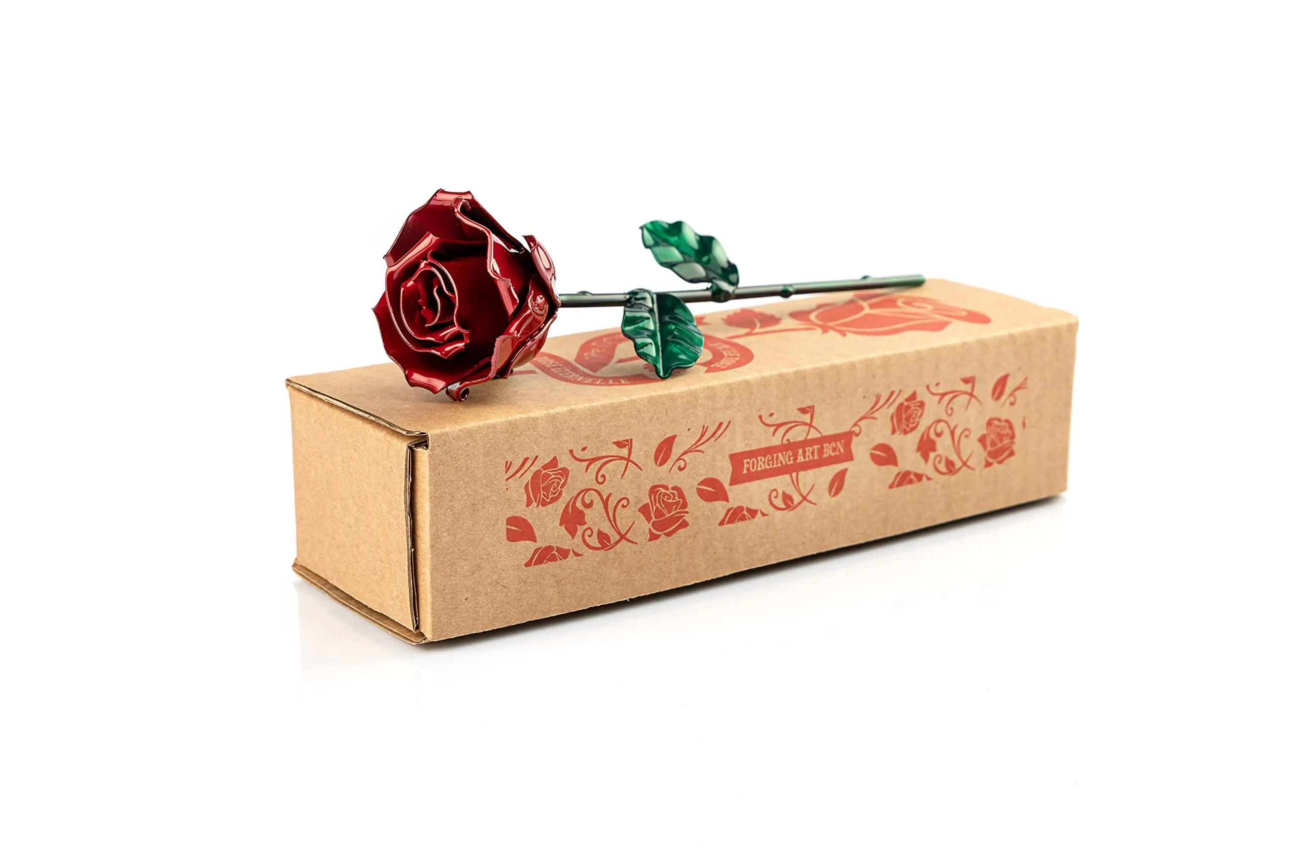 Forging Art Bcn® Rosa Eterna in Ferro Forgiato a Mano - Rosso/Verde senza Base