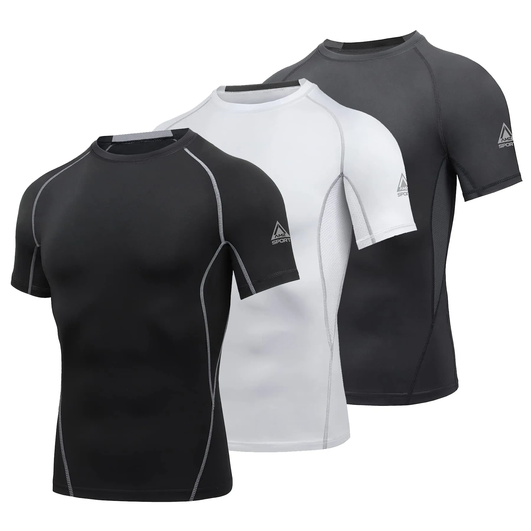 AMZSPORT Maglietta a Compressione da Uomo, a Maniche Corte, Funzionale, Cool Dry, per Allenamento e Corsa, Confezione da 3: Nero + Bianco + Grigio, L