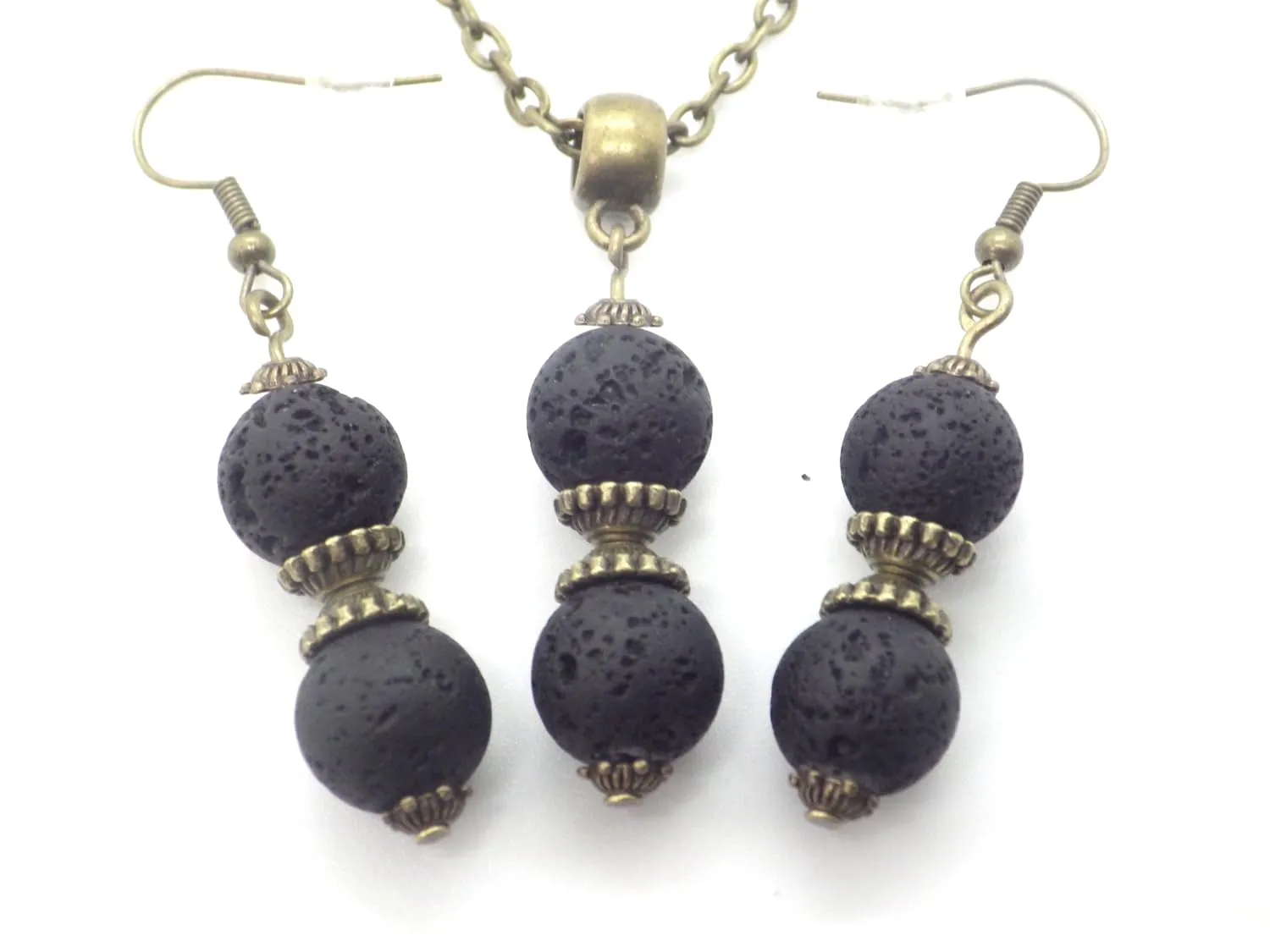 Set Collana e Orecchini Bronzo con Perle di Lava Nera e Tibetane