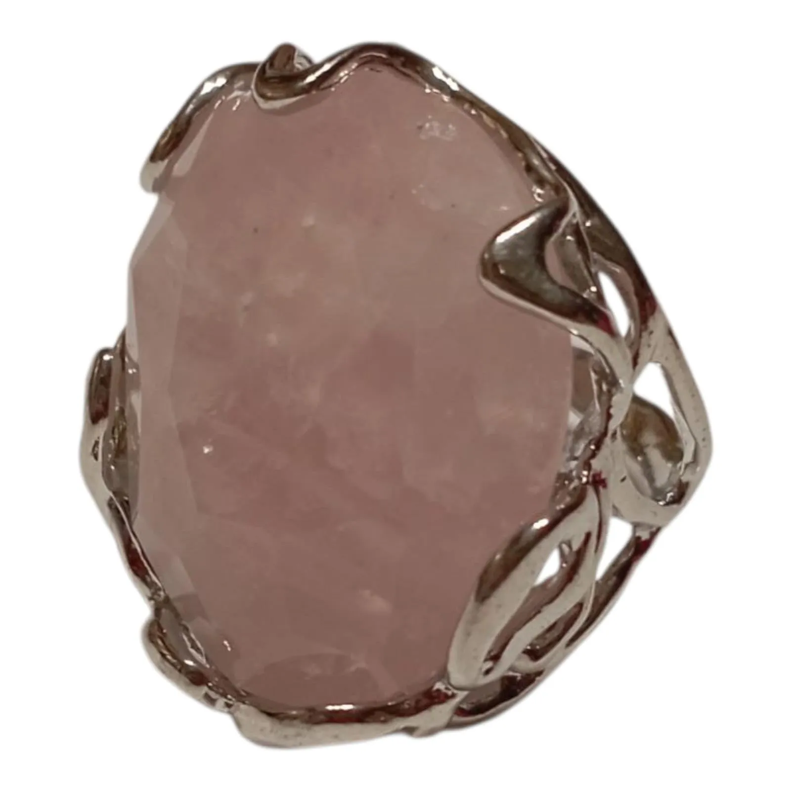 Anello regolabile con cabochon di Quarzo rosa in bronzo, fatto a mano, pietre dure naturali