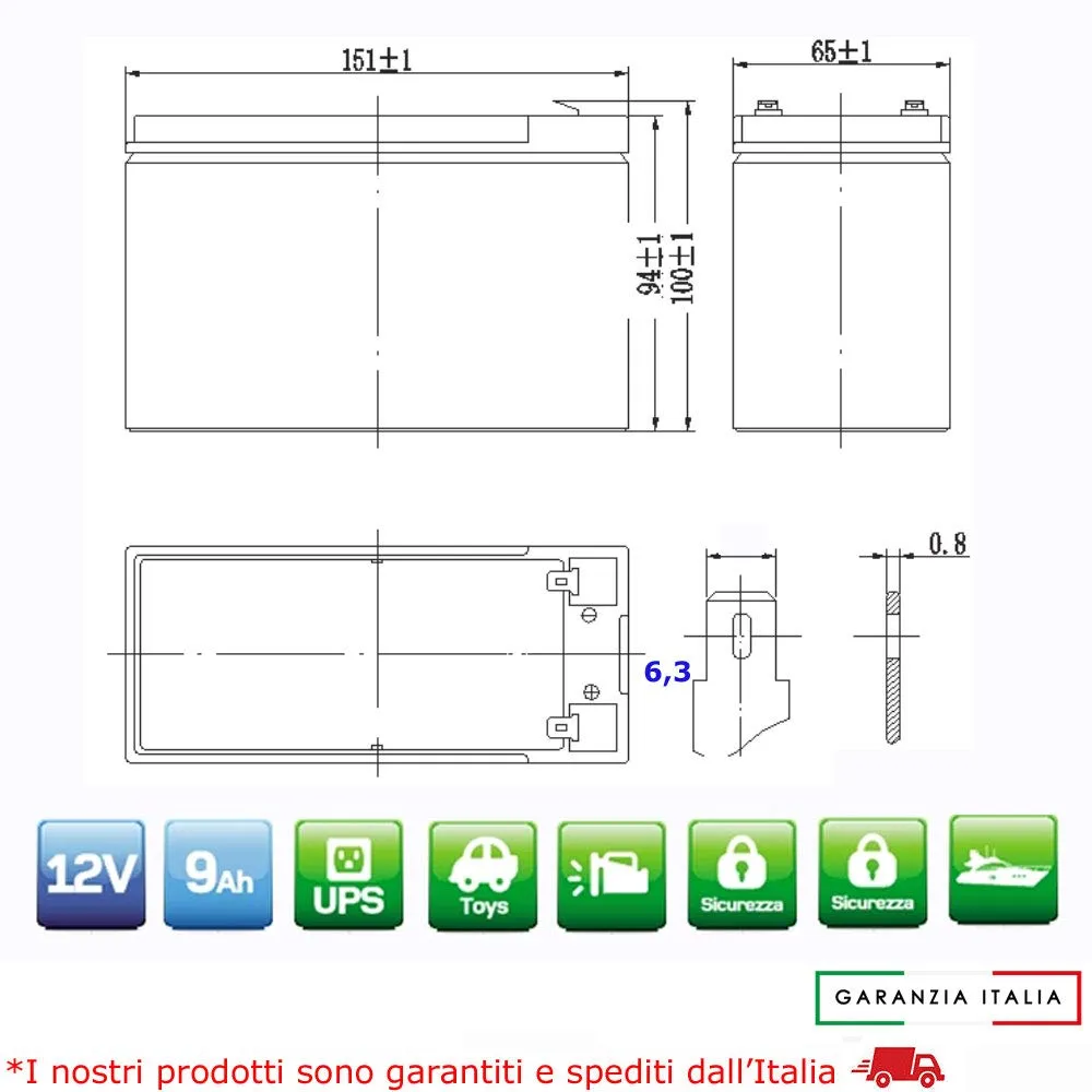 Batteria Ermetica al Piombo 12V 9Ah Ricaricabile per UPS e Sistemi di Videosorveglianza