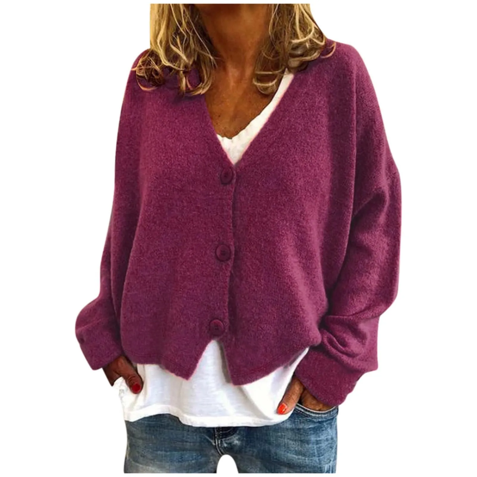 Cardigan Lungo da Donna Oversize con Scollo a V e Bottoni