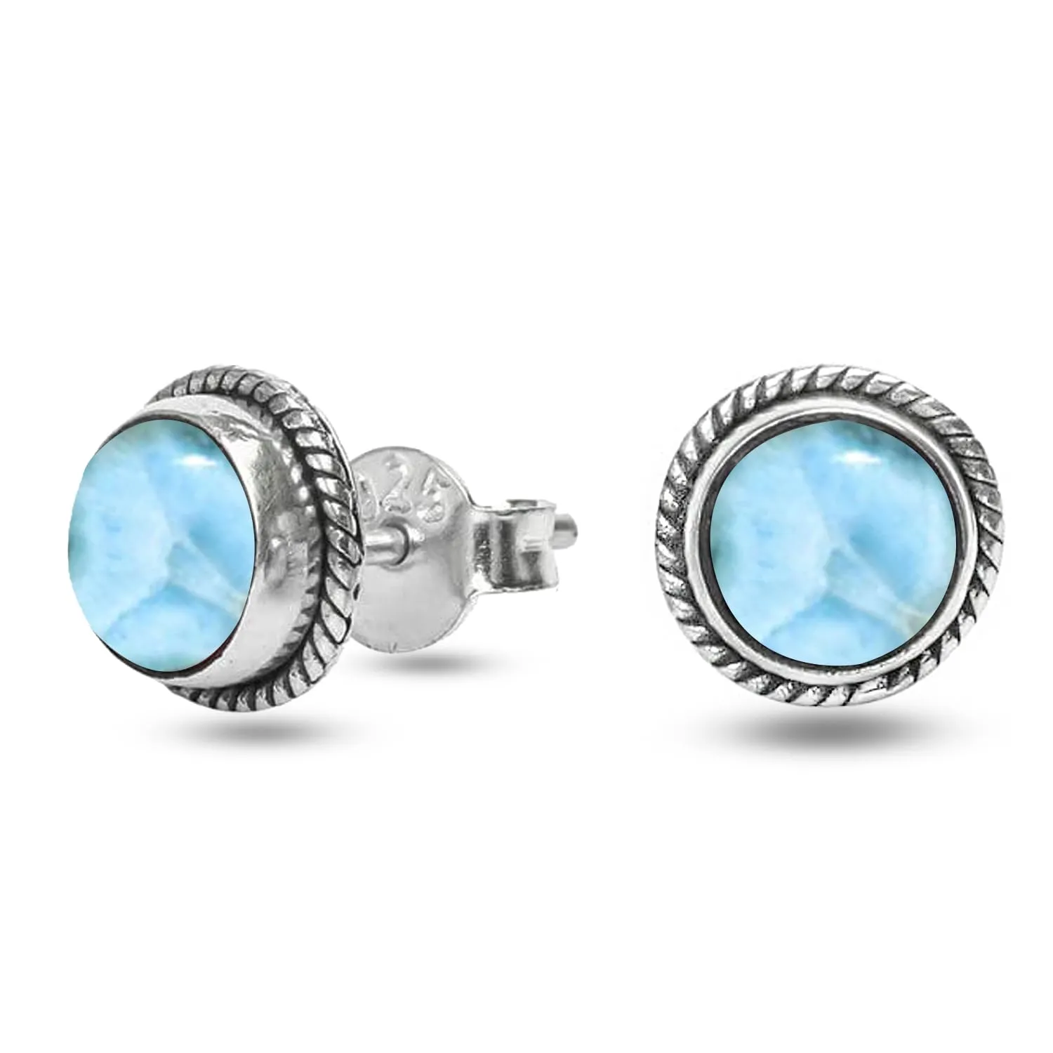 Orecchini a Bottone con Larimar in Argento Sterling 925 Intrecciato a Mano