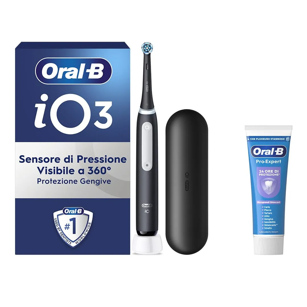 Oral-B iO 3 Nero - Spazzolino Elettrico Ricaricabile con Accessori e Dentifricio Sbiancante