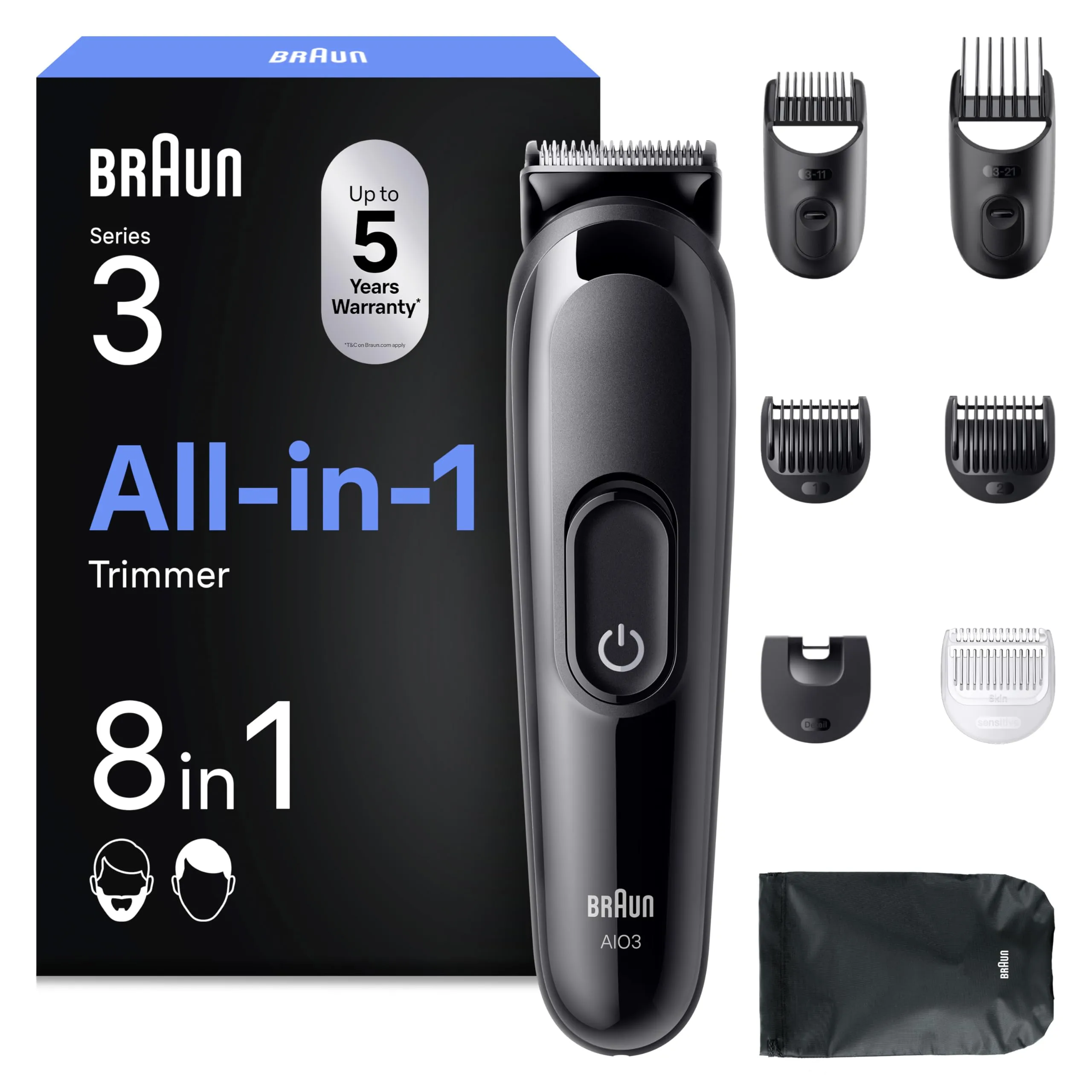 Braun All-In-One Series 3 AIO3545 - Rifinitore Multifunzione 8-in-1 per Barba e Capelli