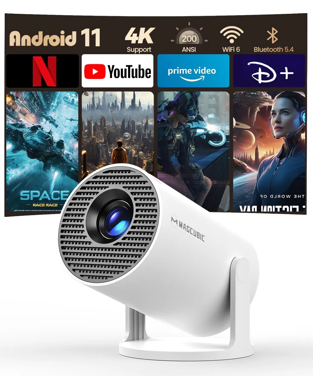 Mini Proiettore 4K Android 14, Smart Projector 5G WiFi 6 BT 5.4, Full HD 1080P, 200ANSI 8000L, Correzione Trapezoidale Automatica