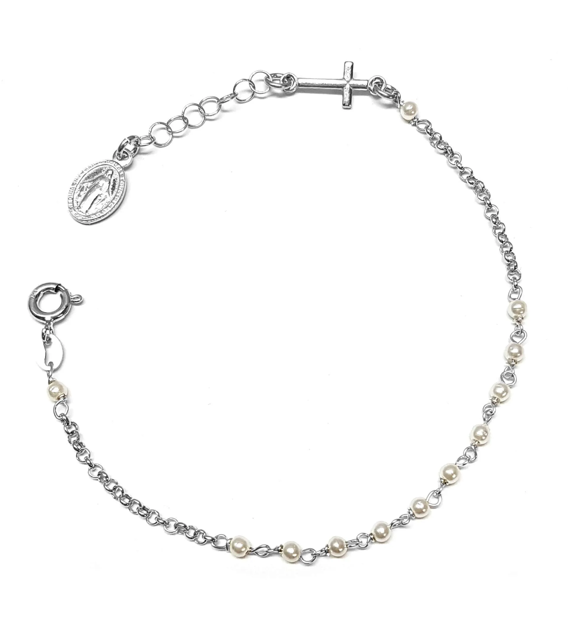Bracciale Rosario in Argento 925 con Perle Bianche e Medaglia Miracolosa - Linea Italia Gioielli