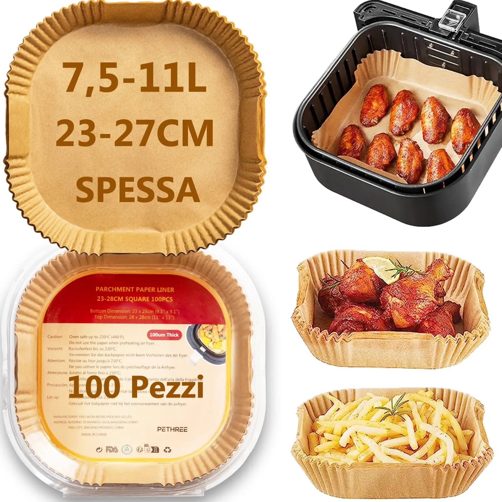 PETHREE Carta Forno per Friggitrice ad Aria XXL 8-10L, 100 Pezzi Quadrata