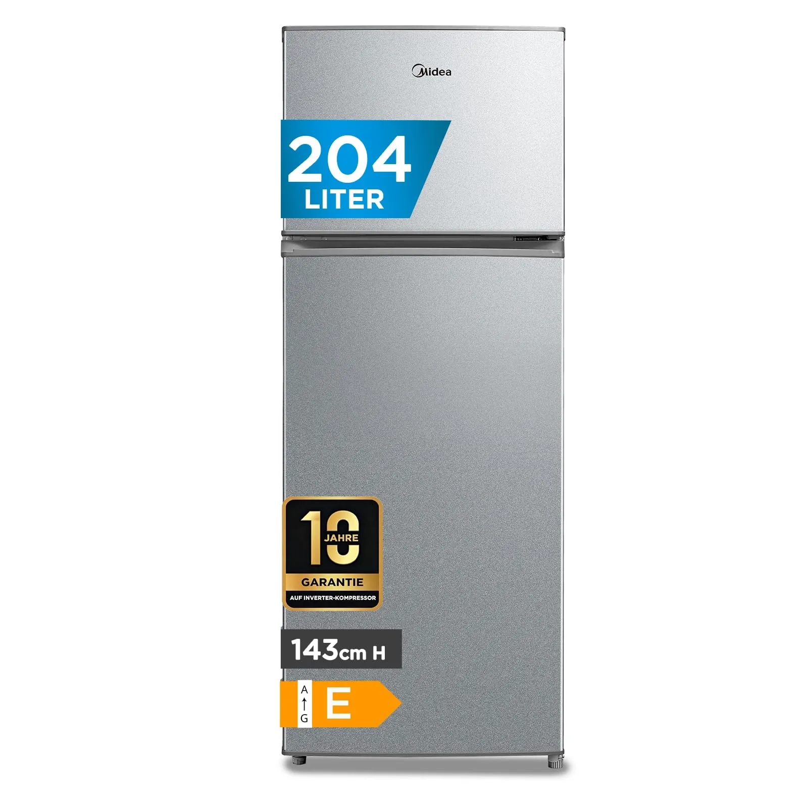 Midea MERT210FGE50 Frigorifero doppia porta 204 L, frigorifero combinato, 176kWh/annum, controllo della temperatura regolabile, Luce LED, Argento