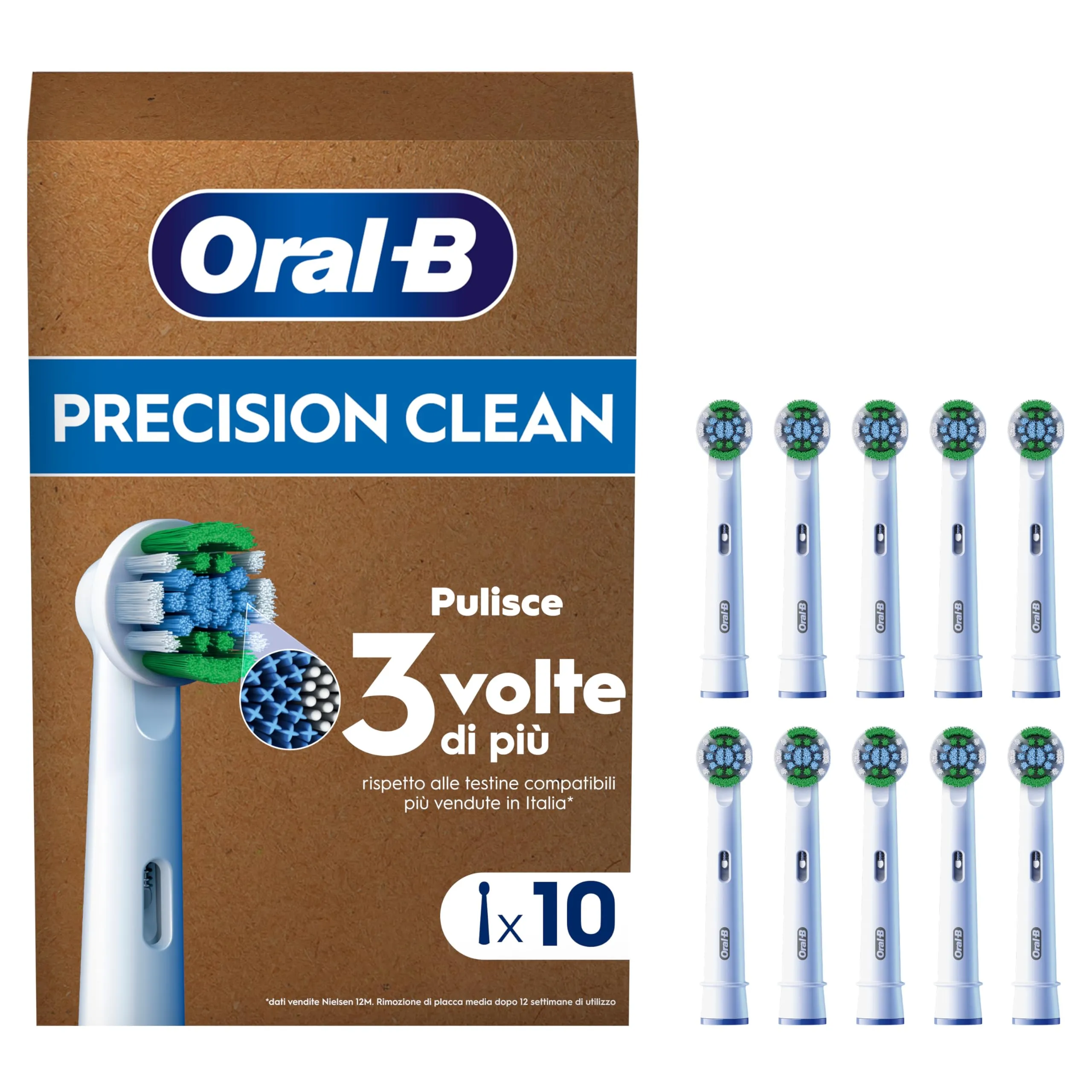 Oral-B Precision Clean Testine Spazzolino Elettrico, Confezione da 10 Testine di Ricambio, 3 Tipi di Setole per una Pulizia Precisa e Sbiancante, Indicatore di Utilizzo della Testina